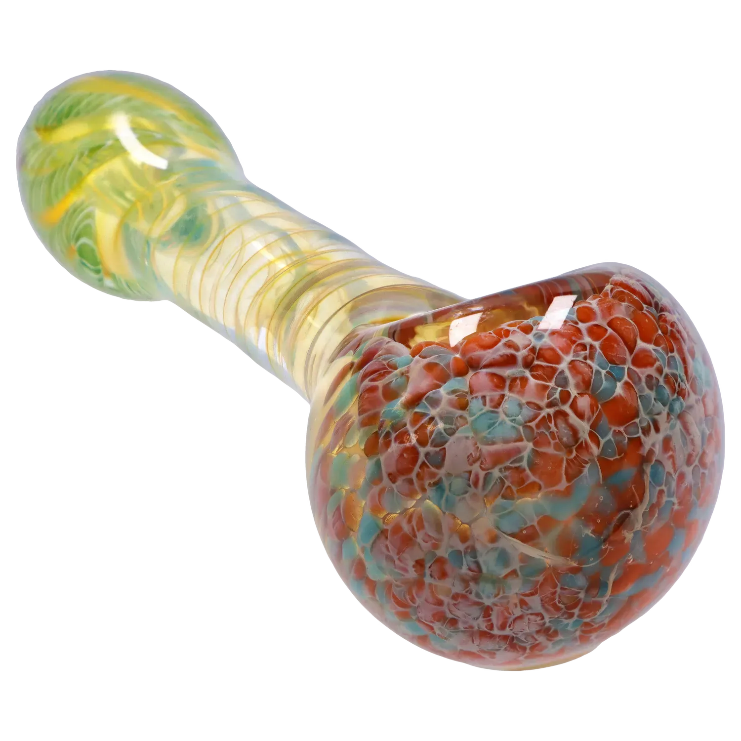 Angled close-up of the DHC Twisting Frit Spoon Pipe - 3 in. showing a rounded, speckled orange-and-blue bowl and a translucent, spiraled yellow-green stem.