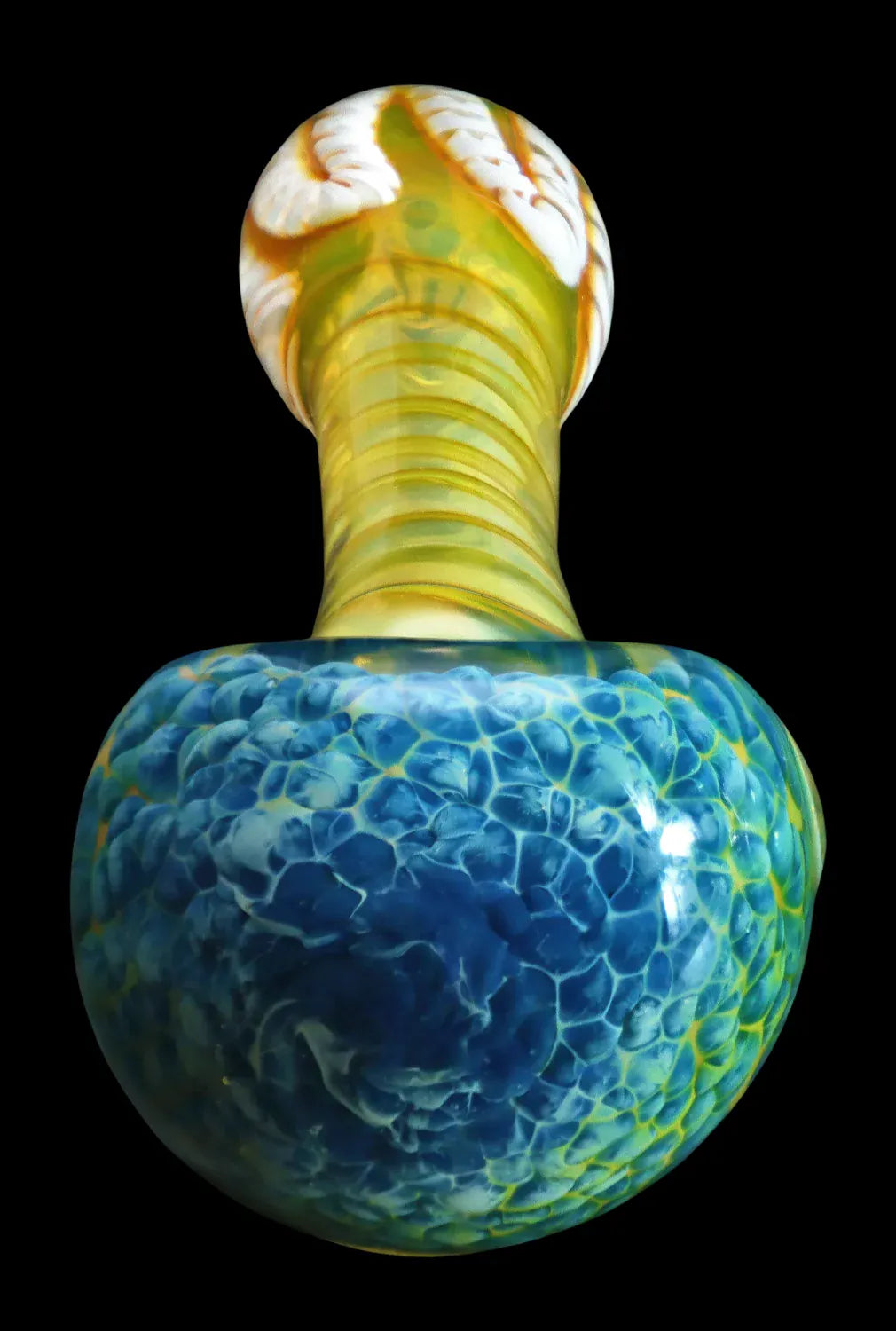 Close-up front view of the DHC Twisting Frit Spoon Pipe - 3 in. showing a bulbous blue frit-pattern bowl and a spiraled yellow neck against a black background.
