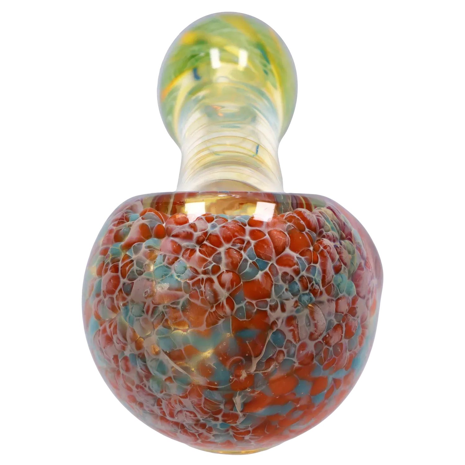 Close-up front view of the colorful DHC Twisting Frit Spoon Pipe - 3 in., showing a rounded frit-pattern bowl of red, teal, and white glass and a swirled translucent neck.