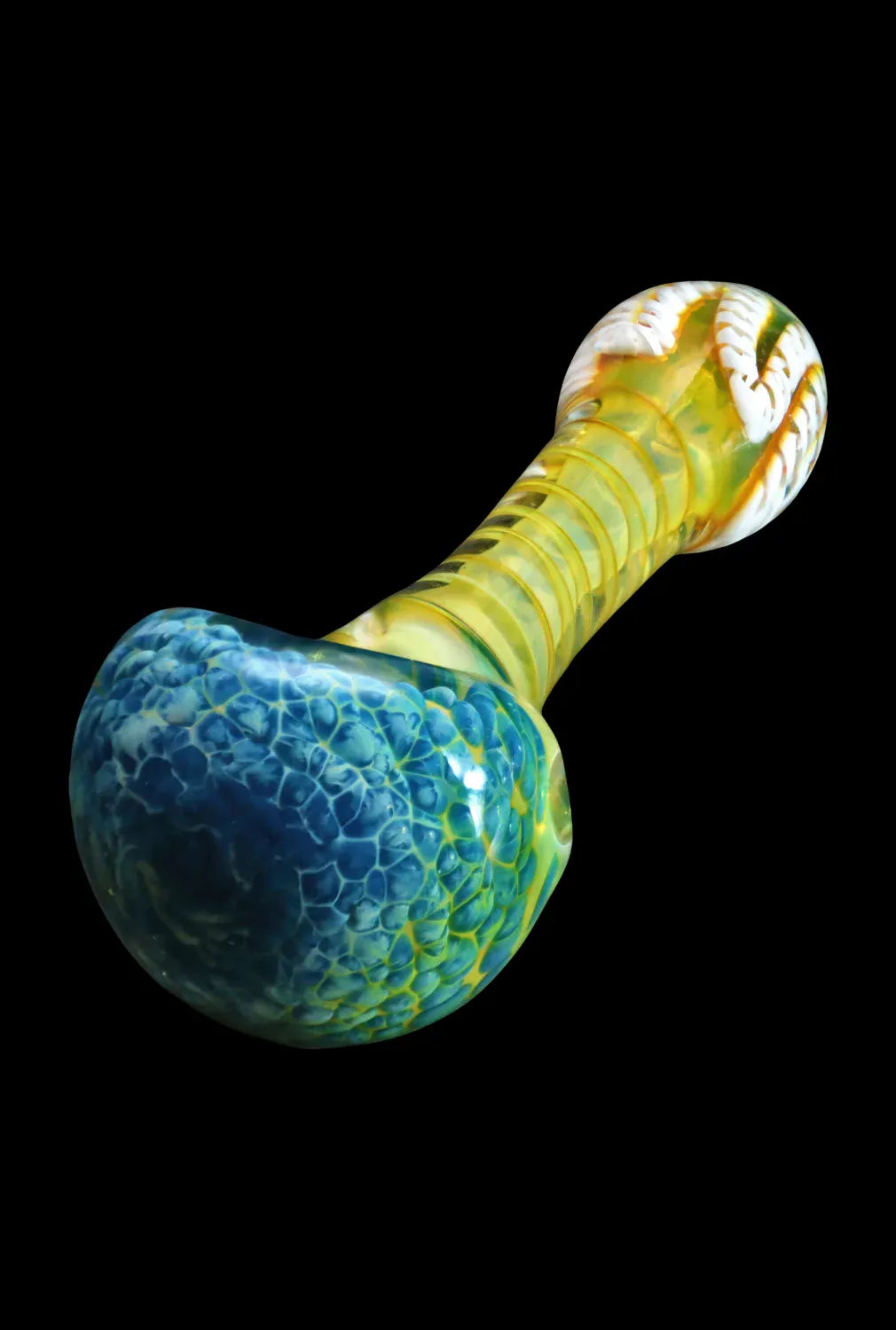 Angled close-up of the DHC Twisting Frit Spoon Pipe - 3 in., showing its blue frit bowl and yellow twisted glass stem against a black background.