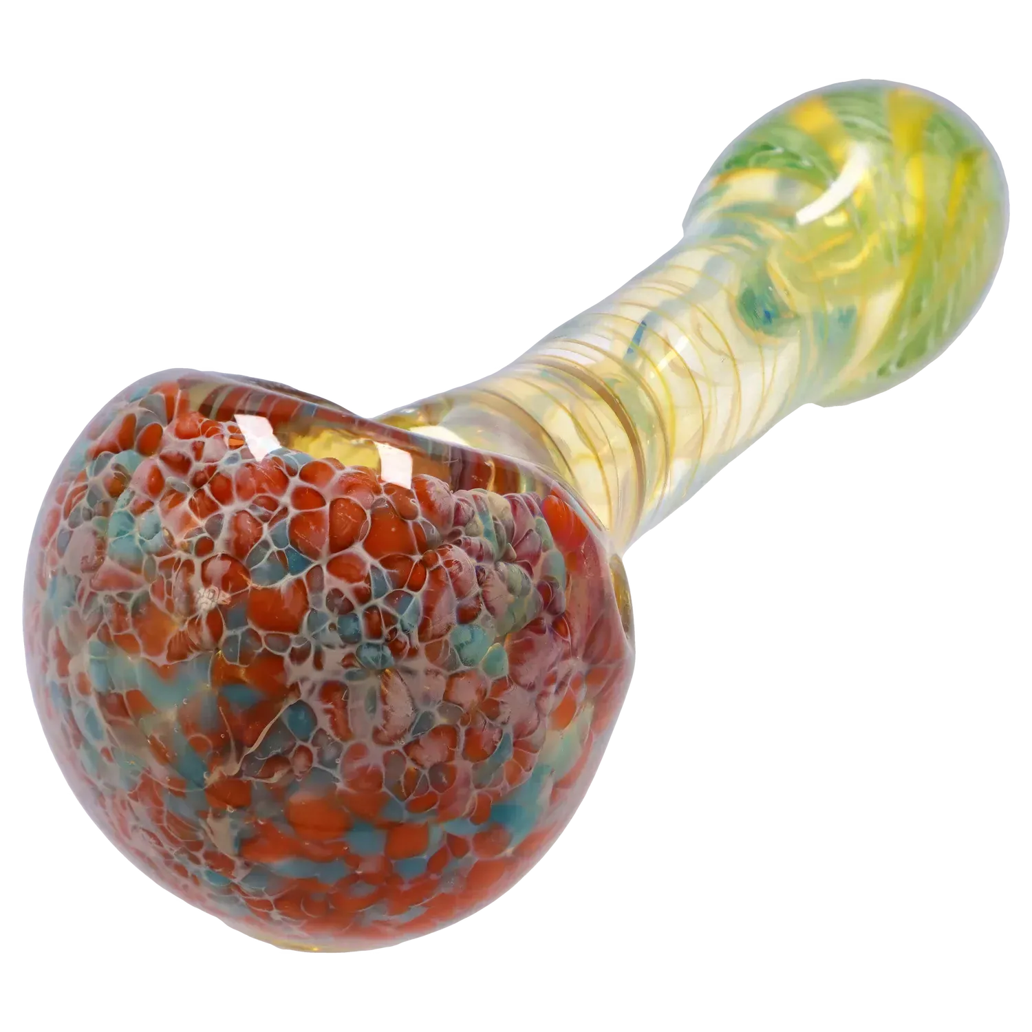 Angled close-up of the DHC Twisting Frit Spoon Pipe - 3 in. showing a bulbous red-and-blue frit bowl and a spiraled clear-yellow twisted stem.