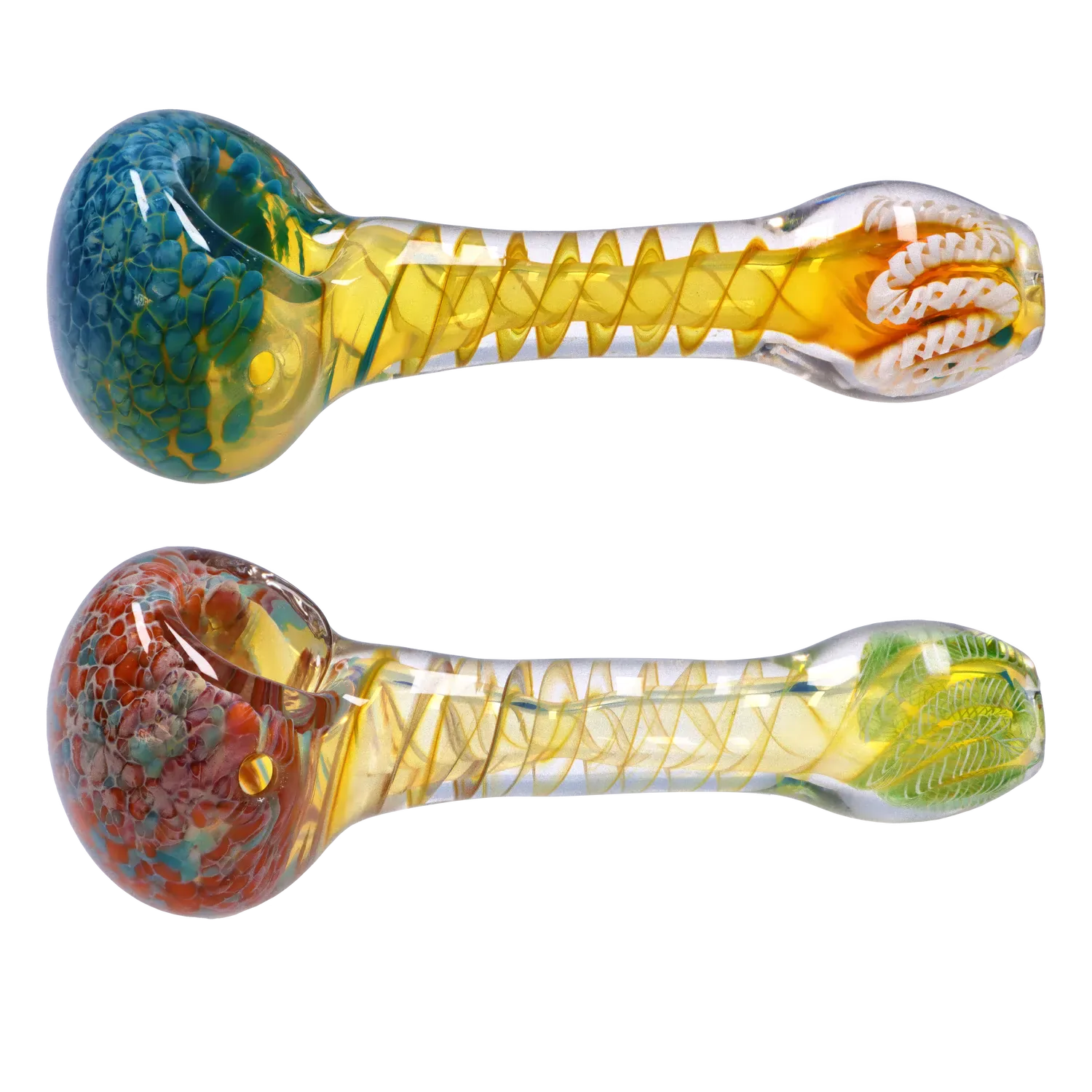 Side view of two DHC Twisting Frit Spoon Pipe - 3 in. glass handpipes showing twisted yellow cores and colorful frit-patterned bowls.