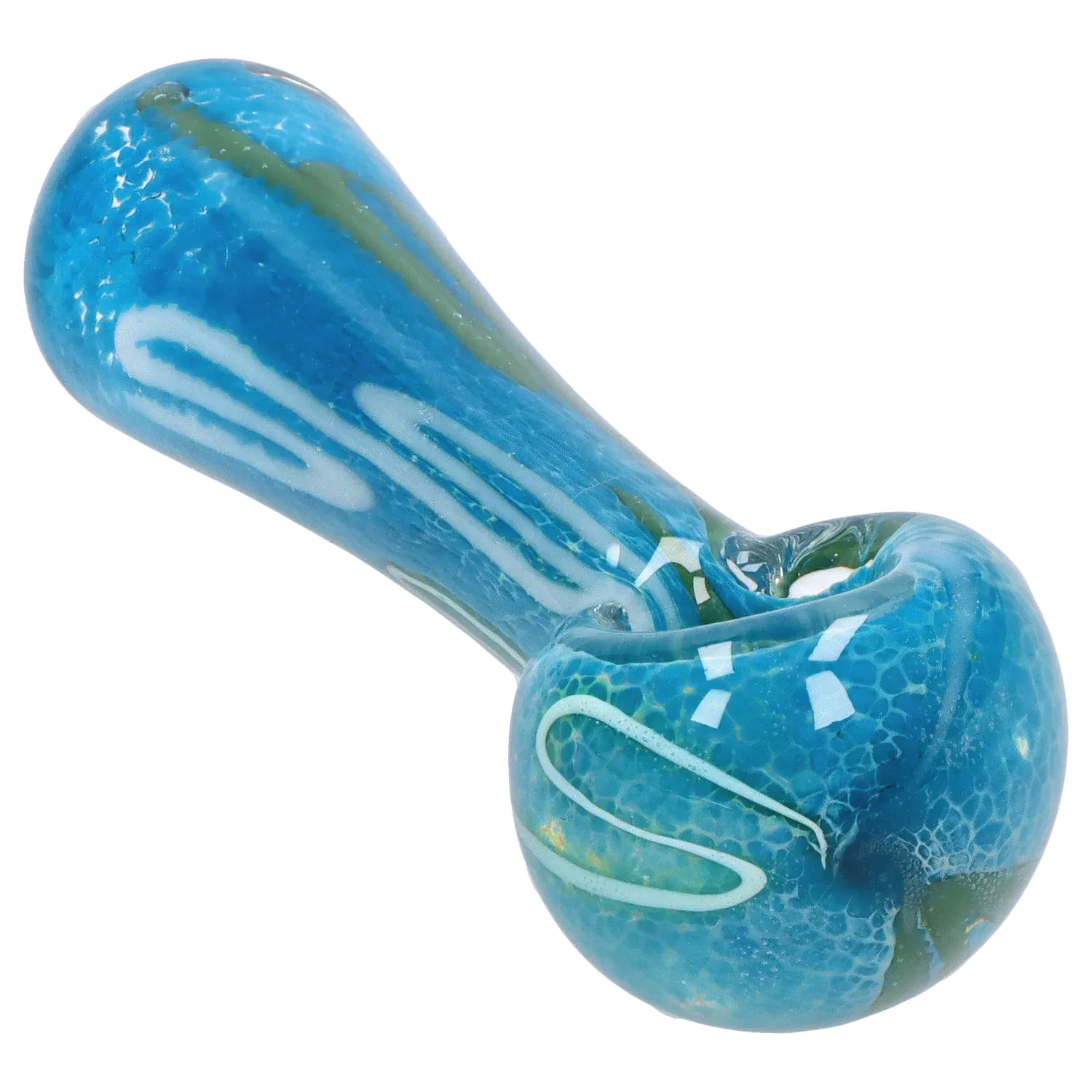 Close-up angled view of the blue DHC Color Frit Spoon Pipe - 3 in. showing swirled white and green accents and a rounded bowl with glossy reflections