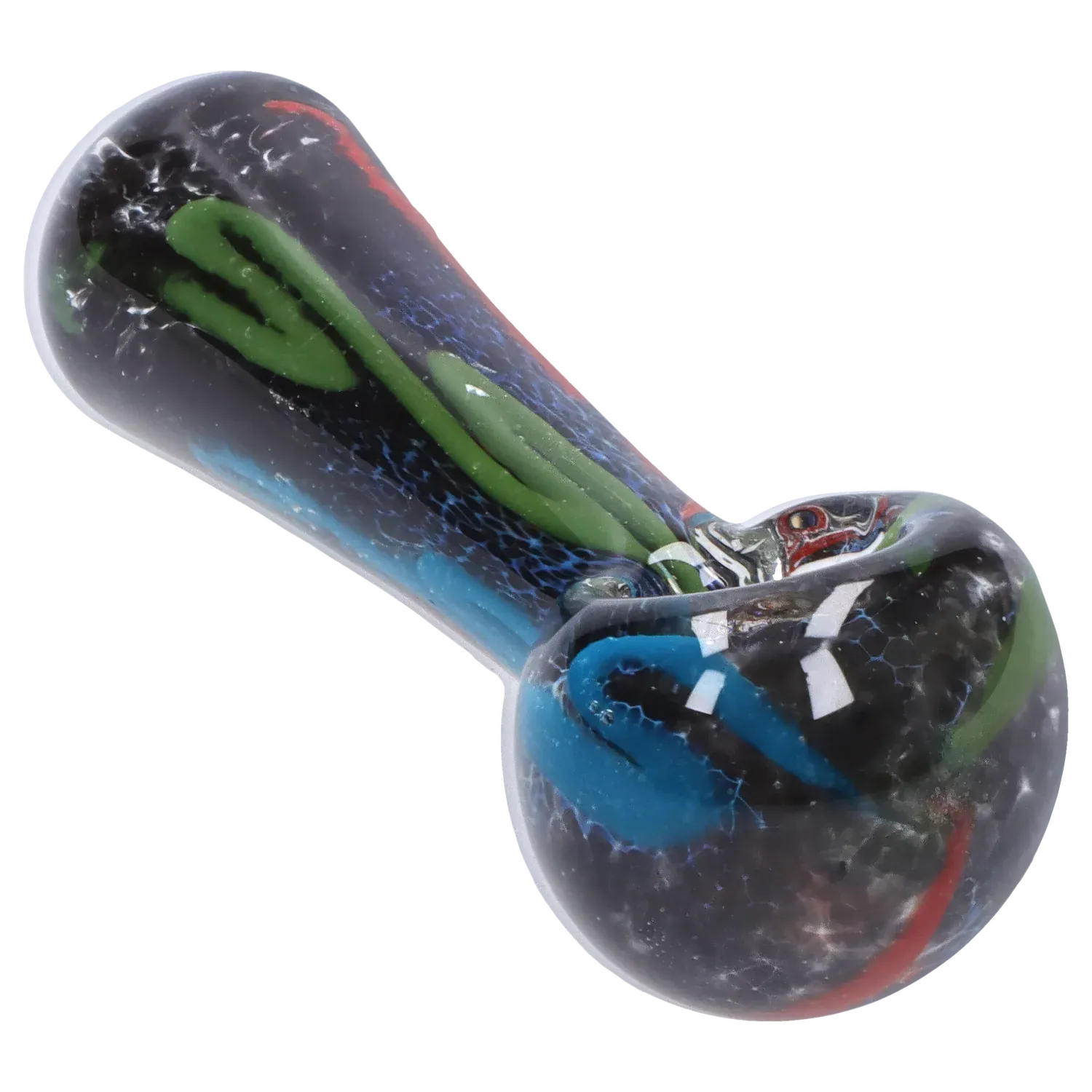 Angled close-up of the DHC Color Frit Spoon Pipe - 3 in. showing its black glass body with green and blue internal ribbons and a rounded bowl.