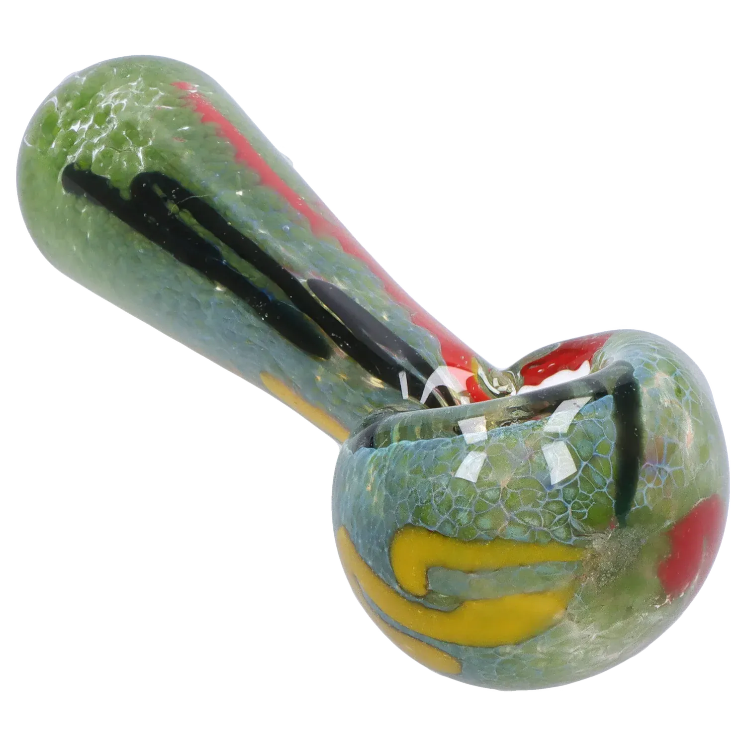 Close-up angled view of the DHC Color Frit Spoon Pipe - 3 in., showing a green crackle glass surface with black and red streaks and yellow accent swirls.