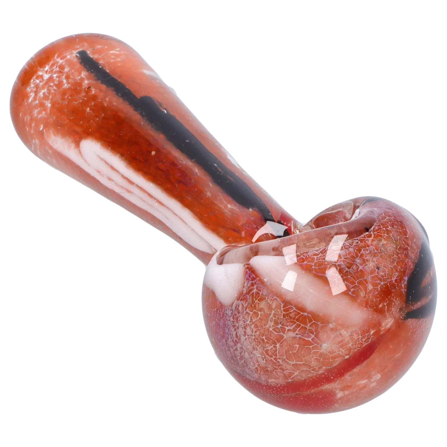 Angled close-up of the red and white swirled DHC Color Frit Spoon Pipe - 3 in., showing crackled glass texture and glossy highlights