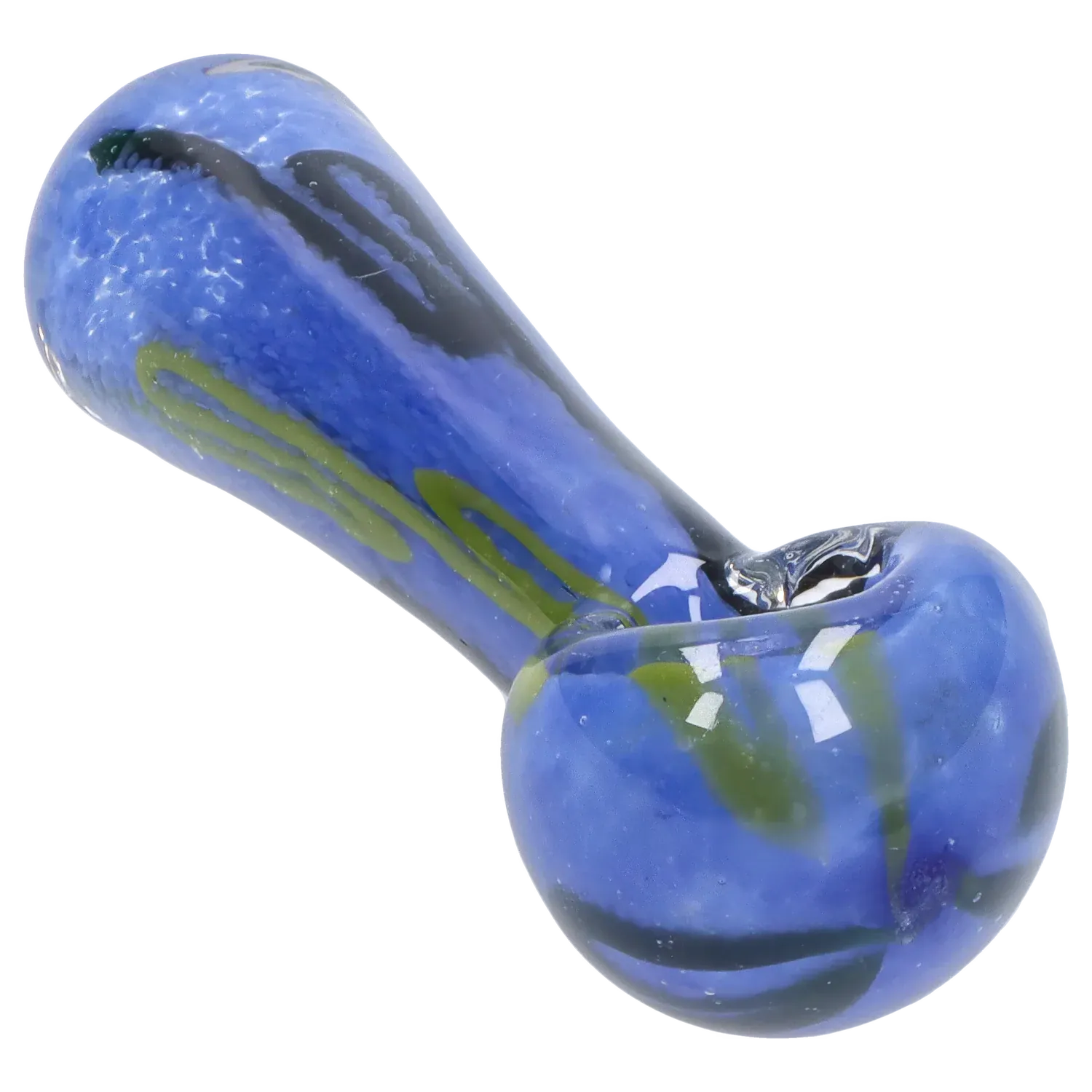 Angled close-up of the blue glass DHC Color Frit Spoon Pipe - 3 in., showing its bowl, green swirl accents, and glossy reflections.