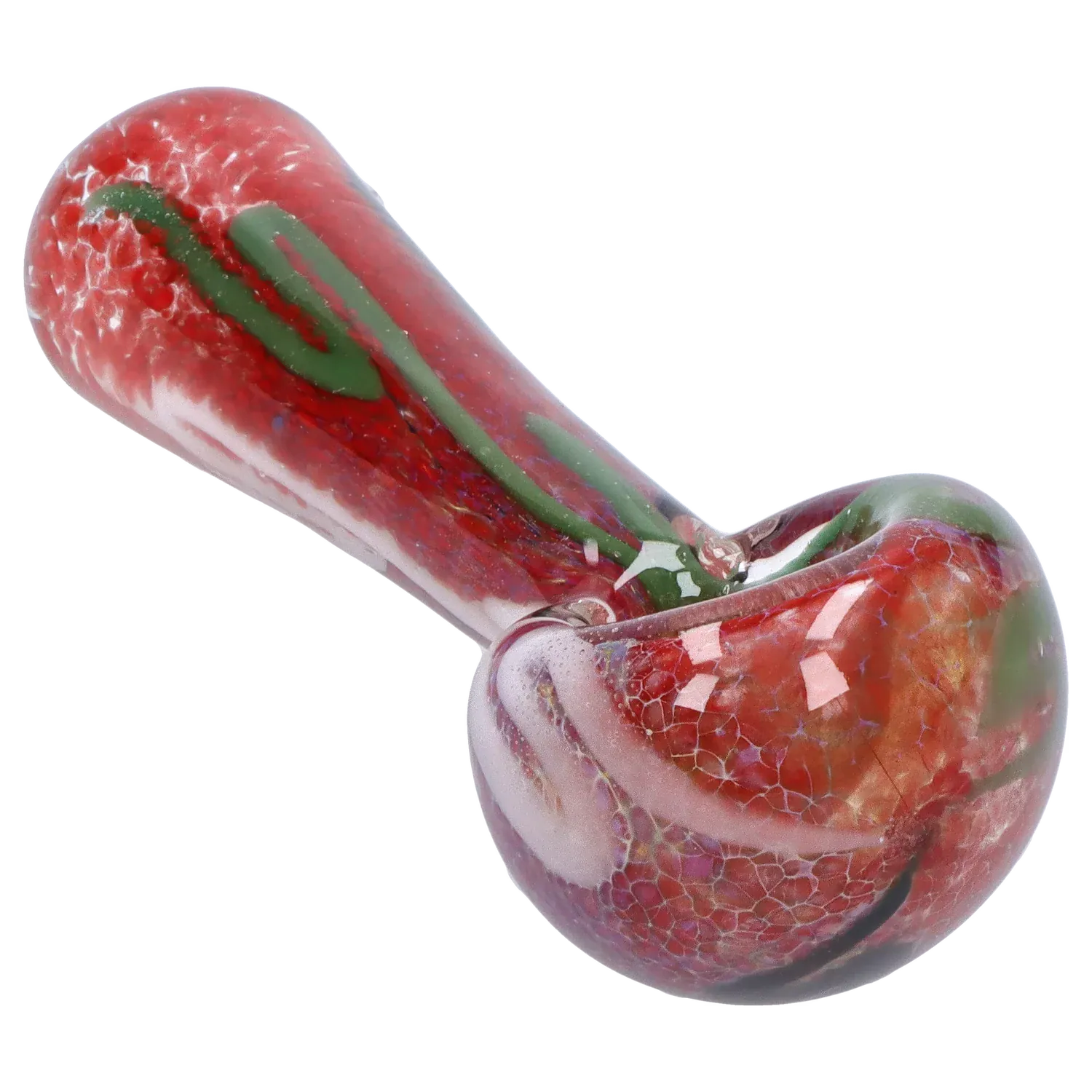 Close-up angled view of the red and green glass DHC Color Frit Spoon Pipe - 3 in., showing crackled frit texture and glossy highlights.