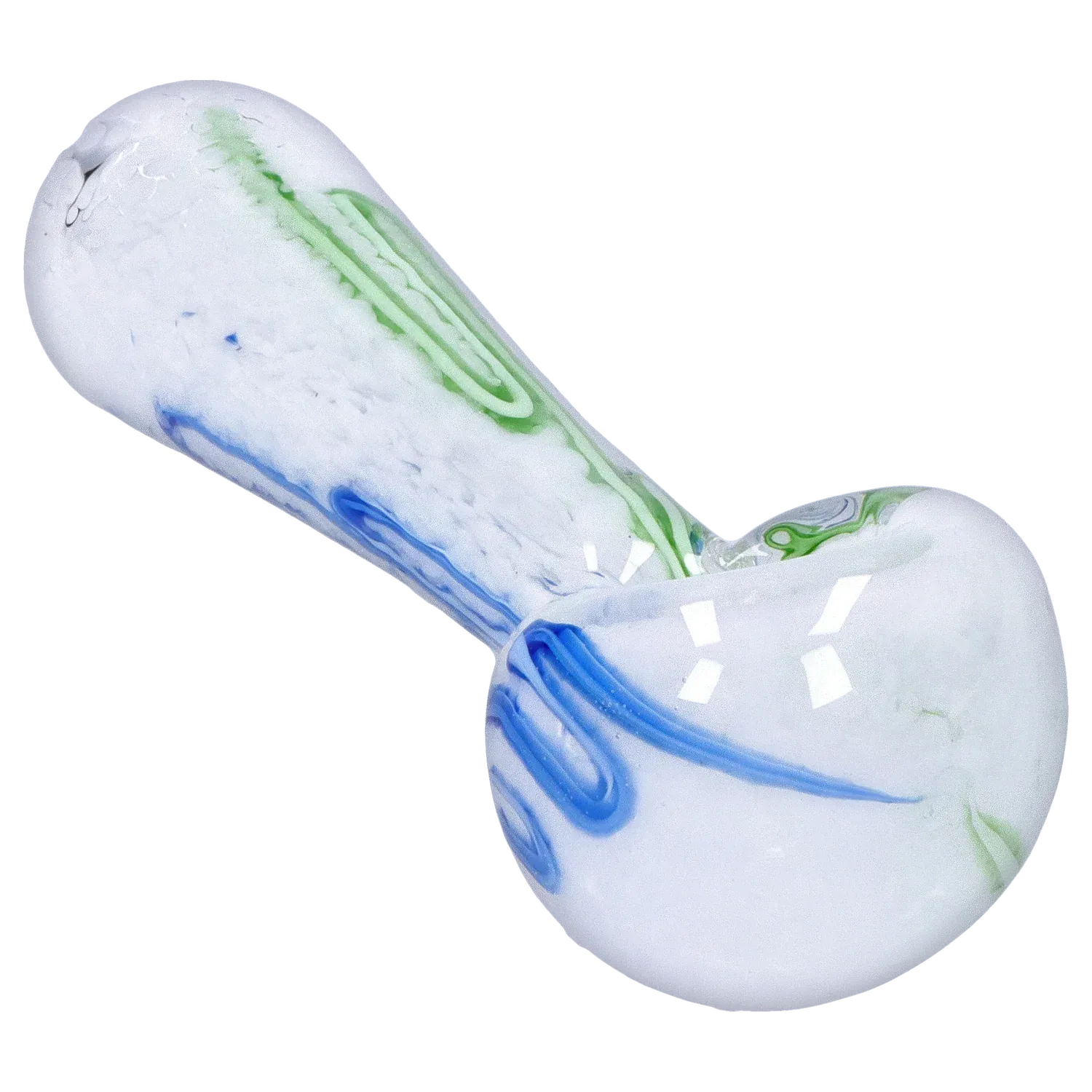 Angled close-up of the DHC Color Frit Spoon Pipe - 3 in. showing white glass with green and blue swirl frits and glossy reflections