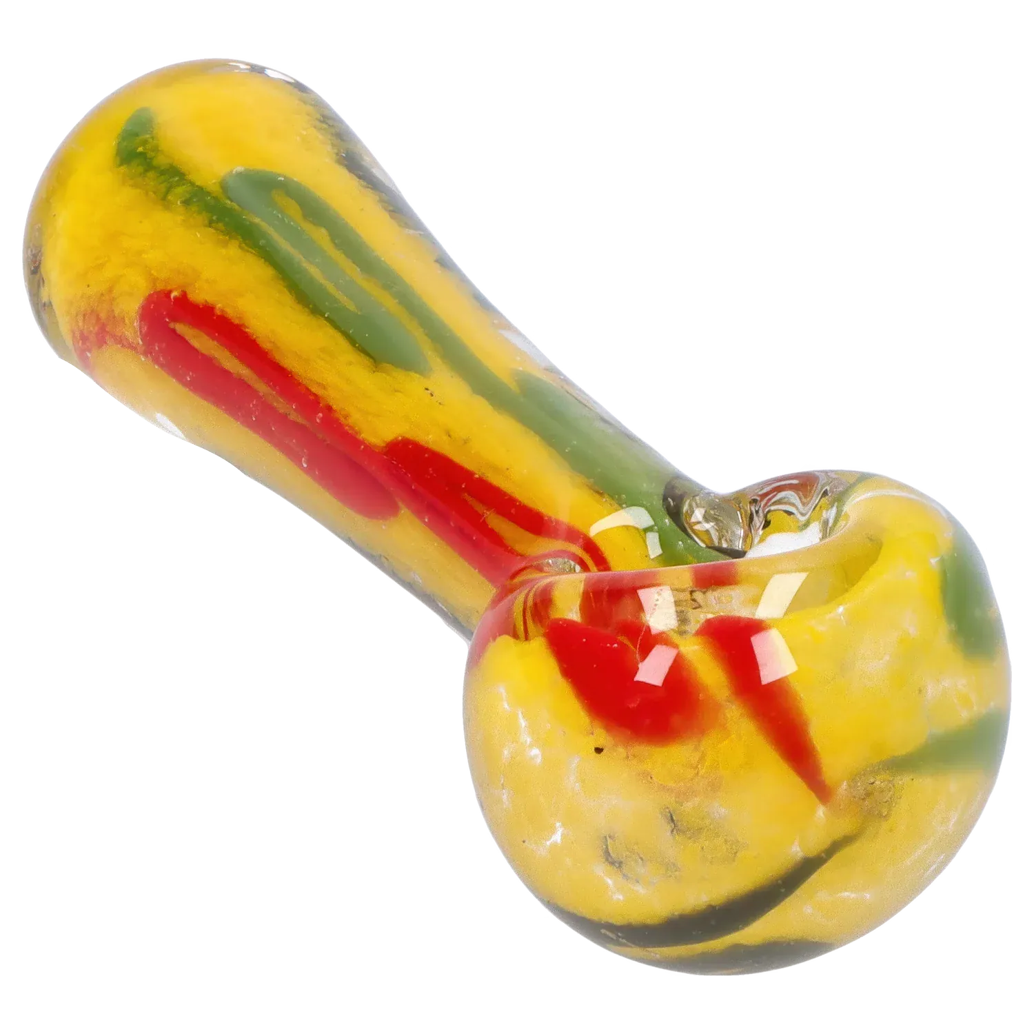 Close-up angled view of a yellow DHC Color Frit Spoon Pipe - 3 in. with red and green swirls and glossy glass reflections