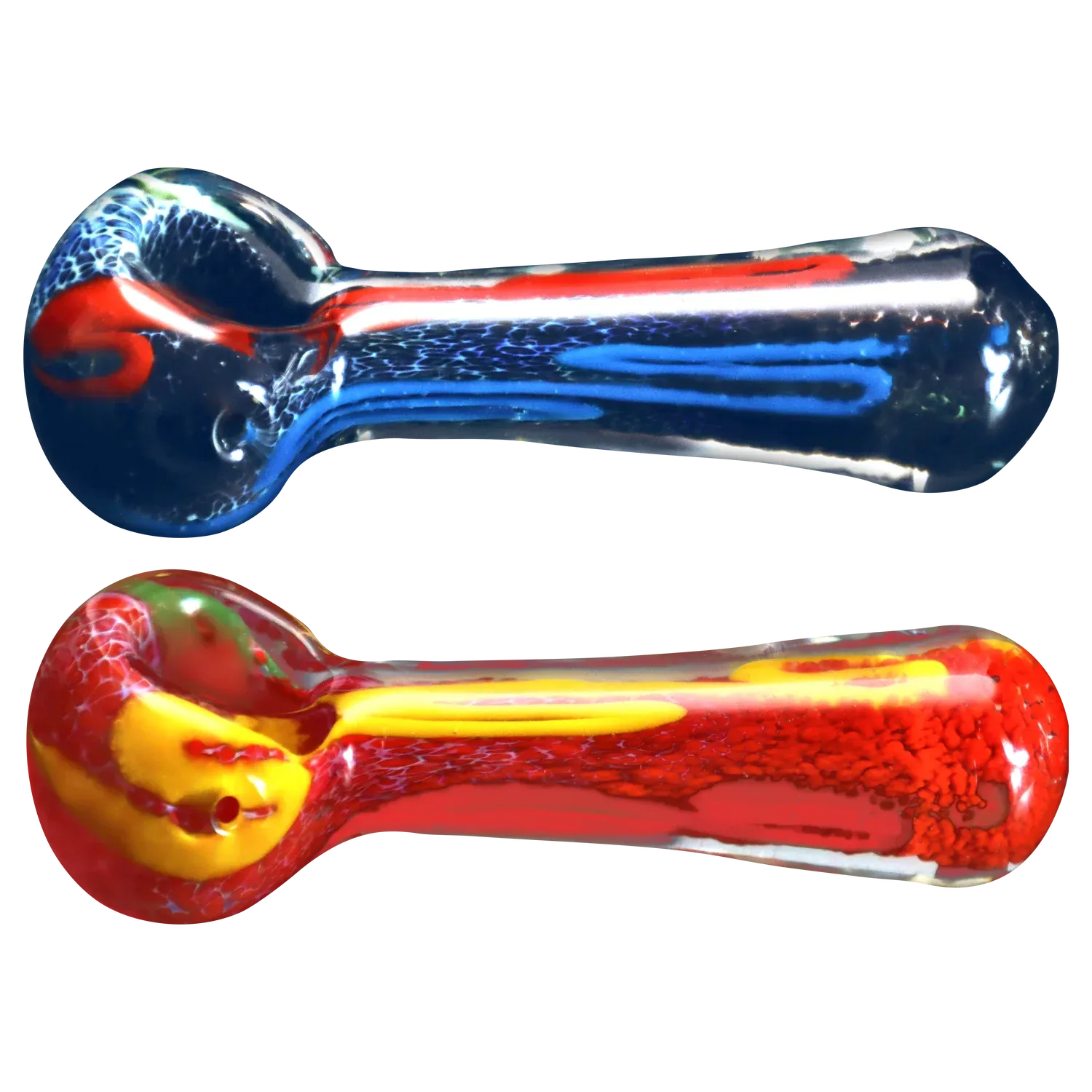 Side view of the DHC Color Frit Spoon Pipe - 3 in. showing a yellow-tinted glass spoon with red and blue frit patterns against a horizontal striped background