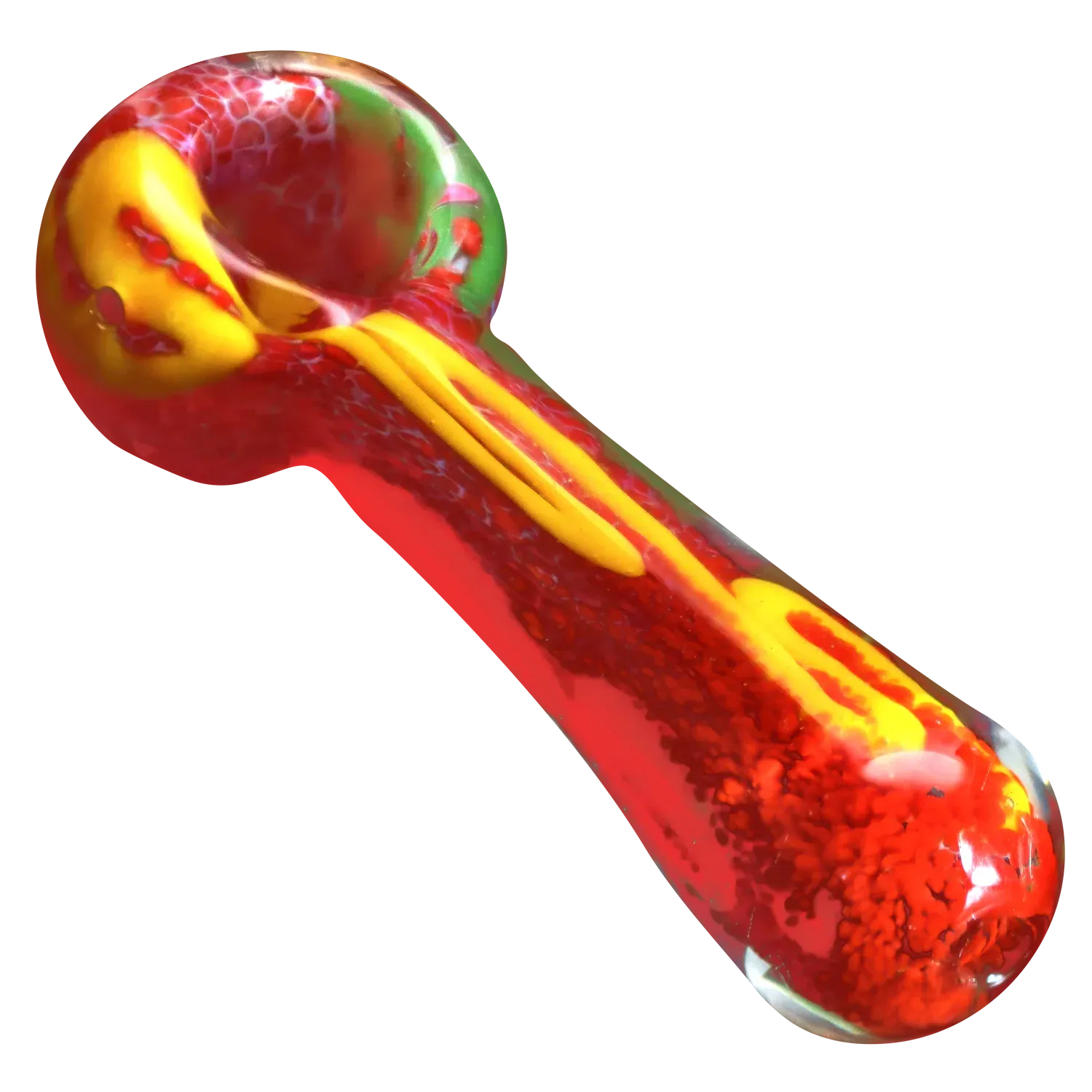 Angled close-up of the DHC Color Frit Spoon Pipe - 3 in. showing a red glass bowl and stem with raised yellow ribbon accents against a red background