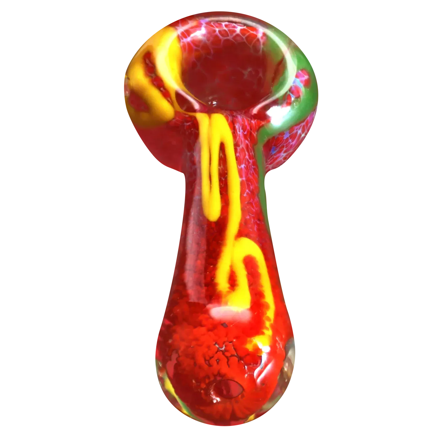 Close-up front view of the DHC Color Frit Spoon Pipe - 3 in., showing a red glass bowl and stem with yellow drips and green accents against a blurred multicolored background