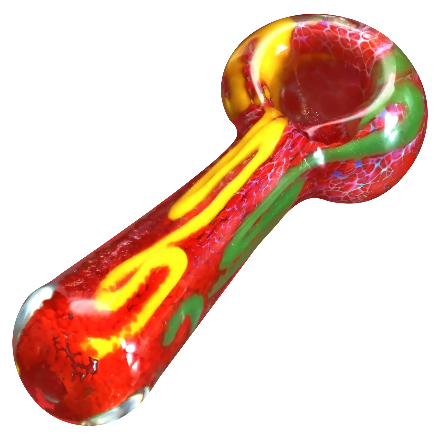 Angled close-up of the DHC Color Frit Spoon Pipe - 3 in. showing a glossy red bowl and stem with yellow and green swirls against a striped red-gray background
