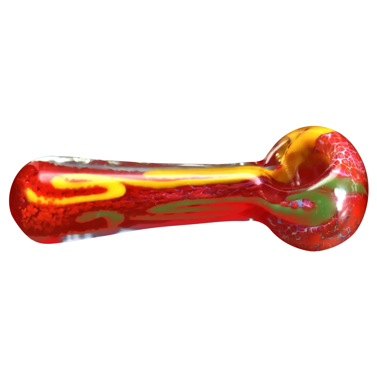 Side view of the DHC Color Frit Spoon Pipe - 3 in. showing a red glass spoon pipe with yellow and green swirls and a rounded bowl on the right.