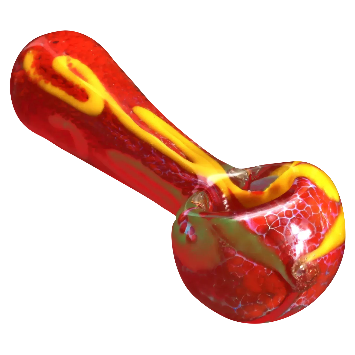 Close-up angled view of the DHC Color Frit Spoon Pipe - 3 in. showing a red glass bowl with yellow squiggle accents against a red background.
