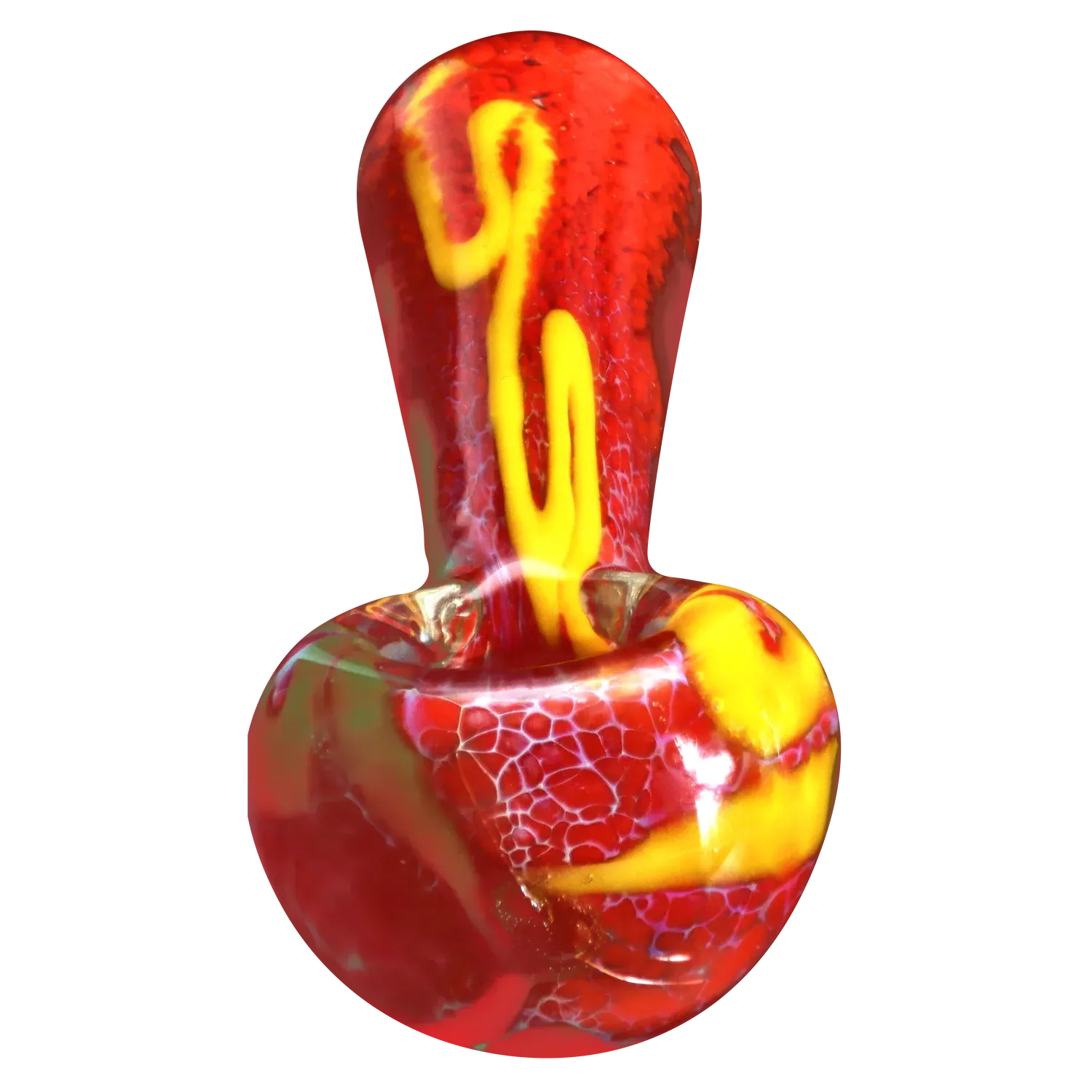Close-up front view of the DHC Color Frit Spoon Pipe - 3 in. showing a red glass bowl with yellow swirl accents and a textured, crackled surface.