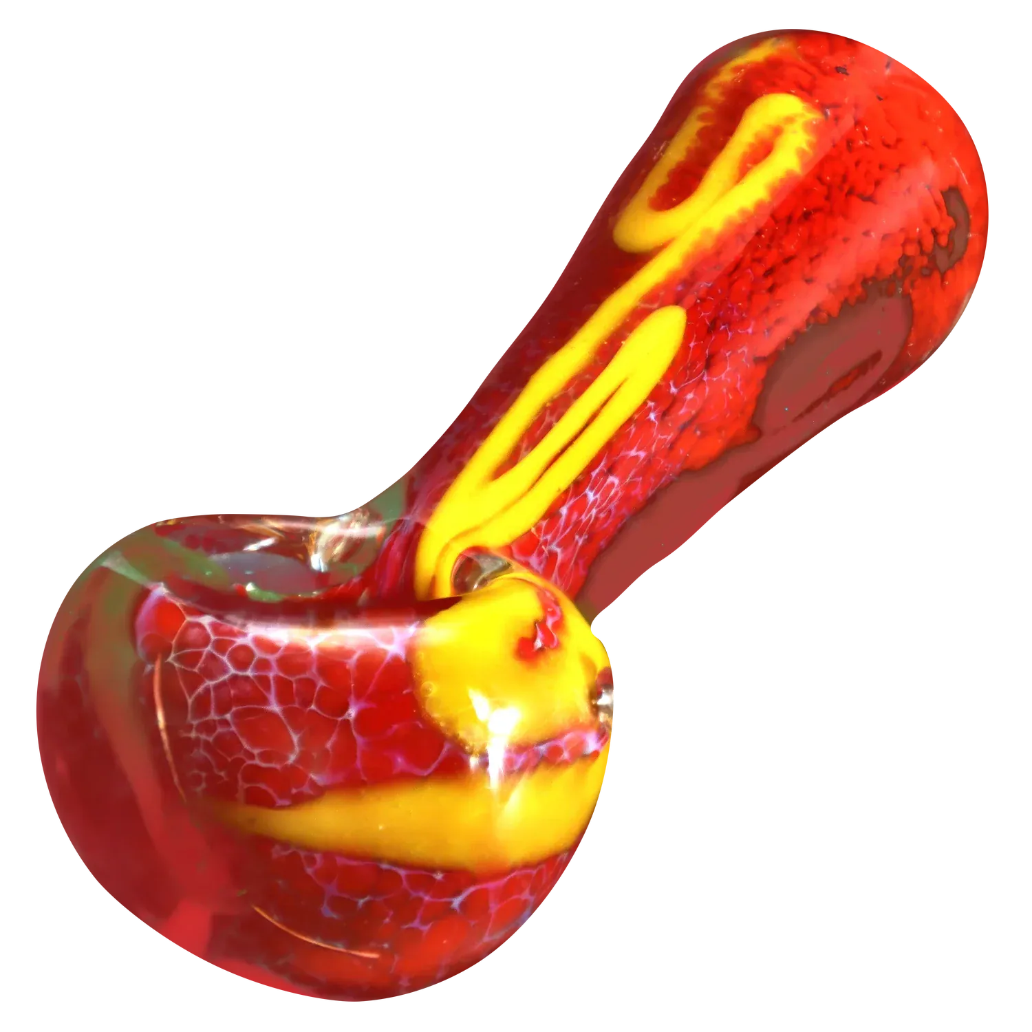 Close-up angled view of the DHC Color Frit Spoon Pipe - 3 in. showing a red glass bowl with yellow swirls and crackled frit texture against a maroon background