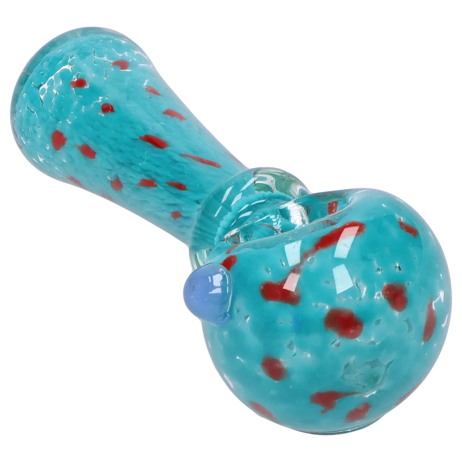 Angled close-up of the turquoise DHC Frit with Twisted Mouthpiece Spoon Pipe - 4 in. showing red flecks, a small blue glass knob, and glossy reflections