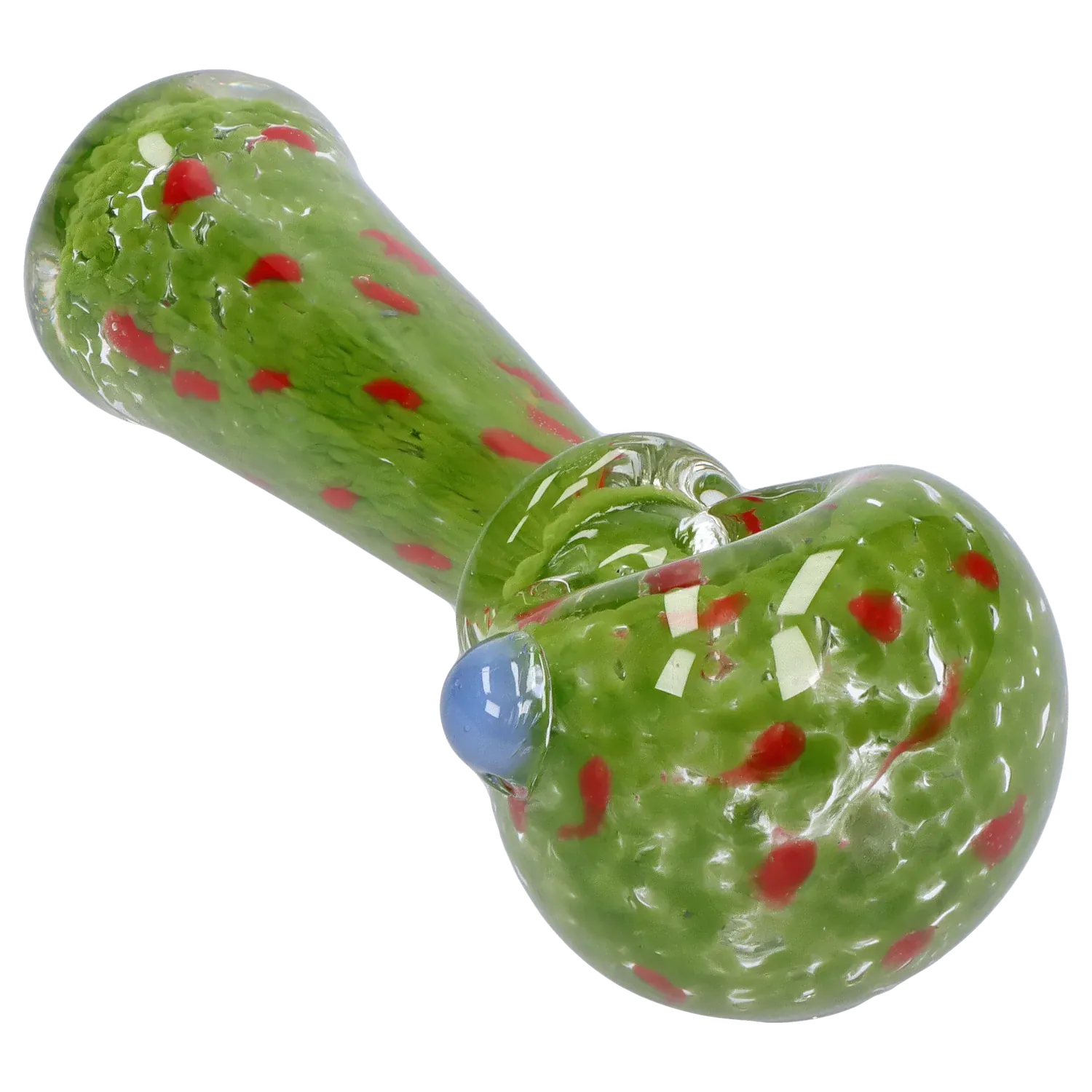 Angled close-up of the green DHC Frit with Twisted Mouthpiece Spoon Pipe - 4 in. showing red flecks, a blue glass marbled bump, and glossy reflections