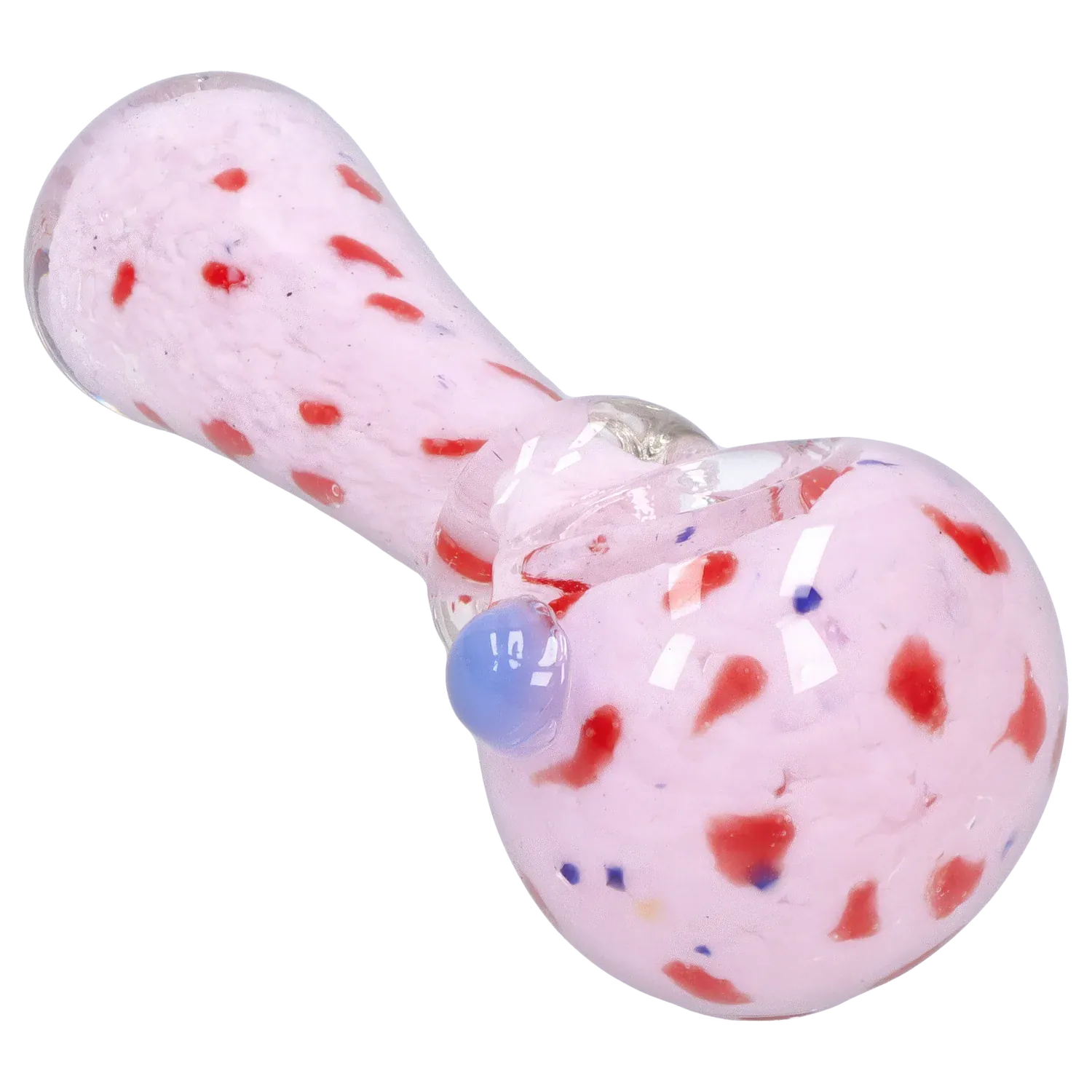 Angled close-up of the pink DHC Frit with Twisted Mouthpiece Spoon Pipe - 4 in. showing red flecks, a blue glass nipple, and glossy reflections.