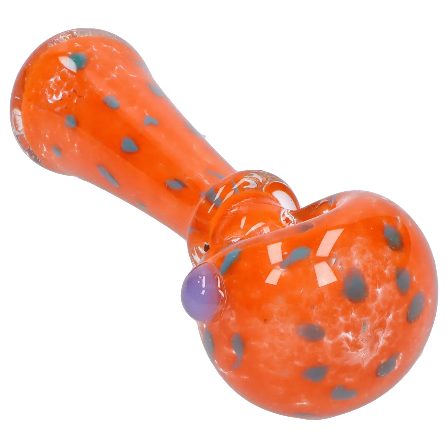 Close-up angled view of the orange DHC Frit with Twisted Mouthpiece Spoon Pipe - 4 in. showing blue speckles and a purple glass thumb rest.