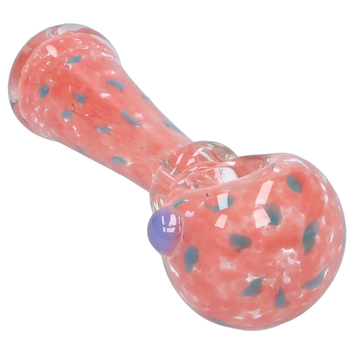 Close-up angled view of the pink, speckled DHC Frit with Twisted Mouthpiece Spoon Pipe - 4 in., showing its rounded bowl, blue dots, and glossy finish