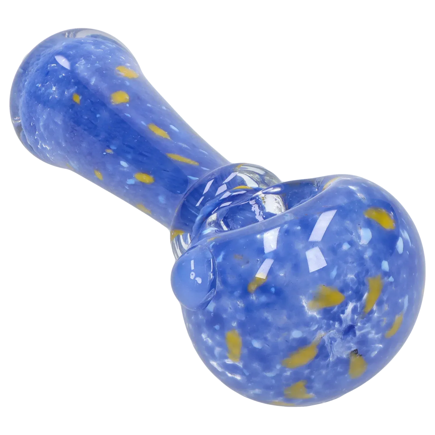 Close-up angled view of the blue DHC Frit with Twisted Mouthpiece Spoon Pipe - 4 in. showing yellow flecks and glossy reflections