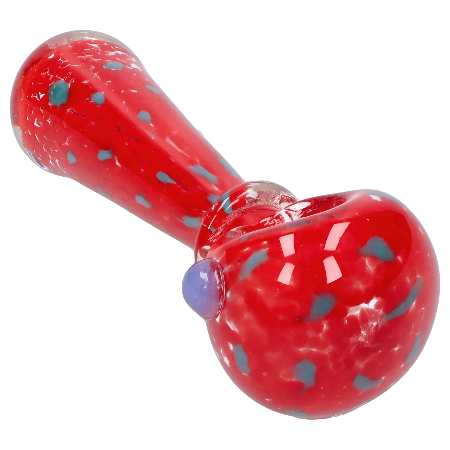 Angled close-up of the red DHC Frit with Twisted Mouthpiece Spoon Pipe - 4 in., showing blue flecks, glossy finish, and a purple glass carb nub.