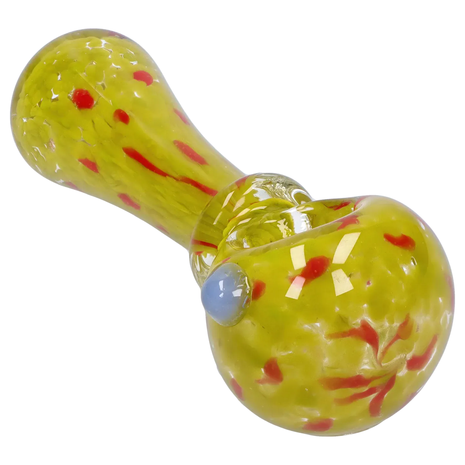 Close-up angled view of the DHC Frit with Twisted Mouthpiece Spoon Pipe - 4 in., showing its glossy yellow glass with red flecks and a raised blue carb.