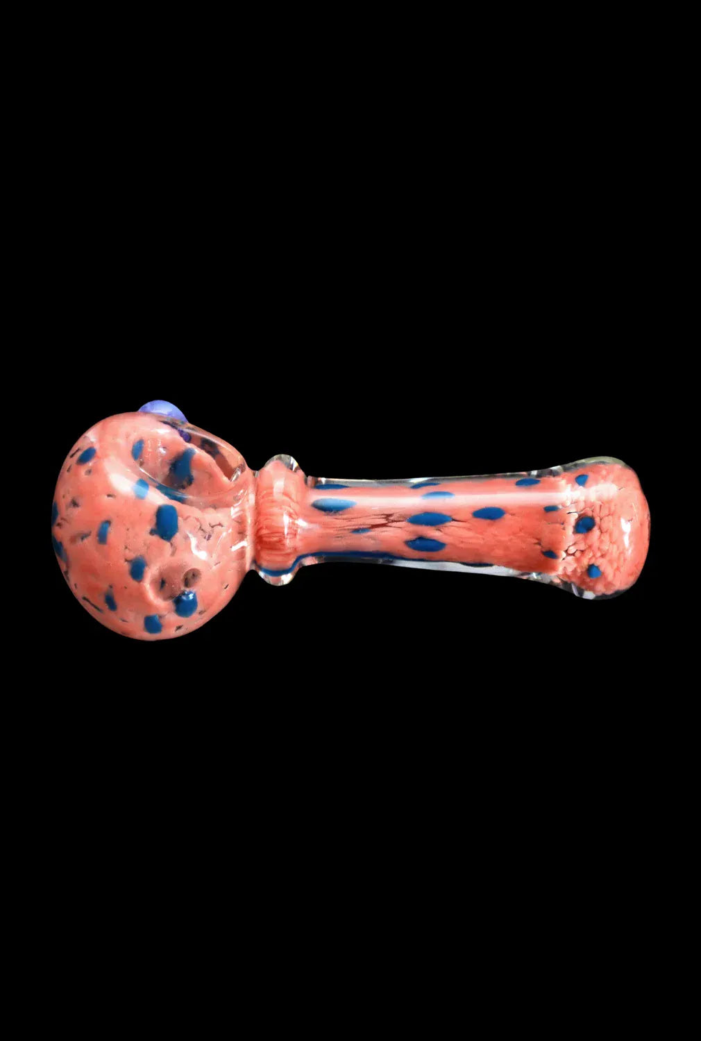 Horizontal close-up of a pink glass DHC Frit with Twisted Mouthpiece Spoon Pipe - 4 in. with blue speckles on a black background