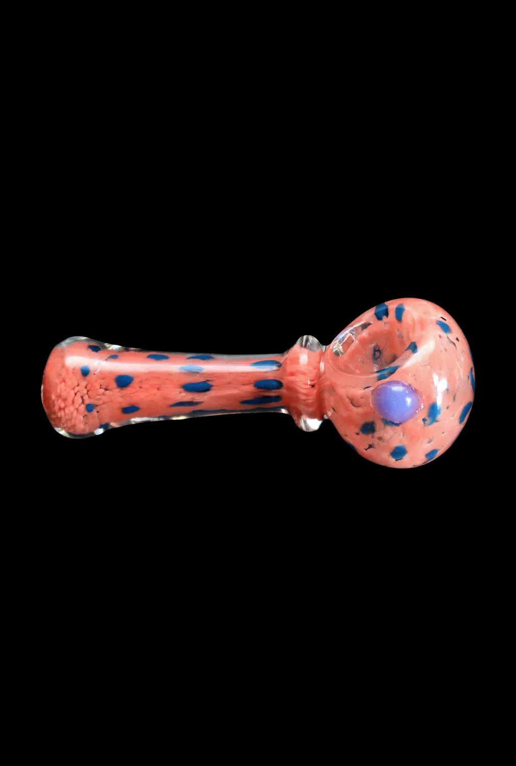 Side view of the DHC Frit with Twisted Mouthpiece Spoon Pipe - 4 in., showing a coral pink glass body with blue flecks and a rounded bowl against a black background