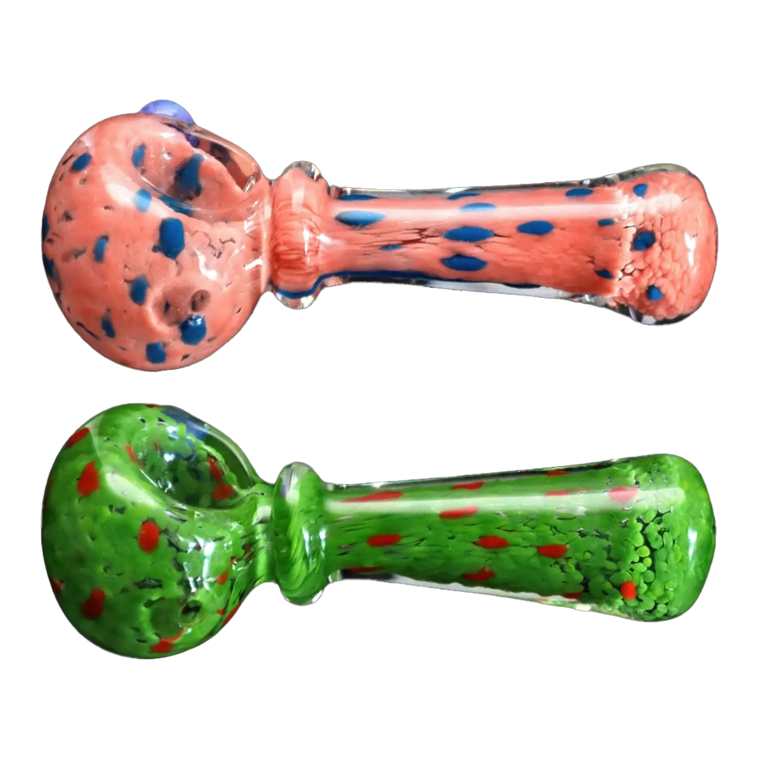 Top-down view of two DHC Frit with Twisted Mouthpiece Spoon Pipe - 4 in. glass handpipes, one coral with blue flecks above a green with red flecks, on a white background.