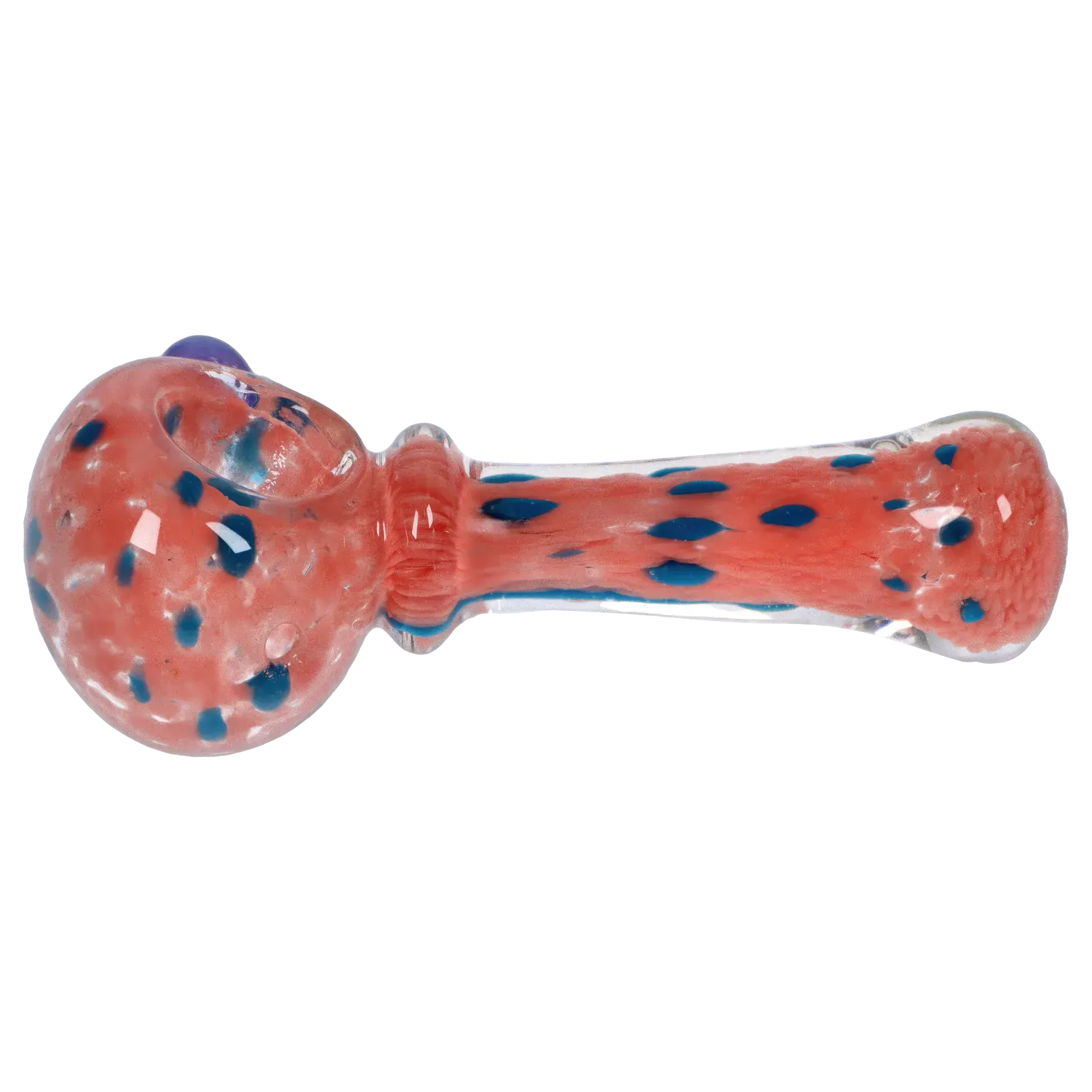 Side view of the pink DHC Frit with Twisted Mouthpiece Spoon Pipe - 4 in., showing a rounded bowl and straight stem with blue speckled frit details.