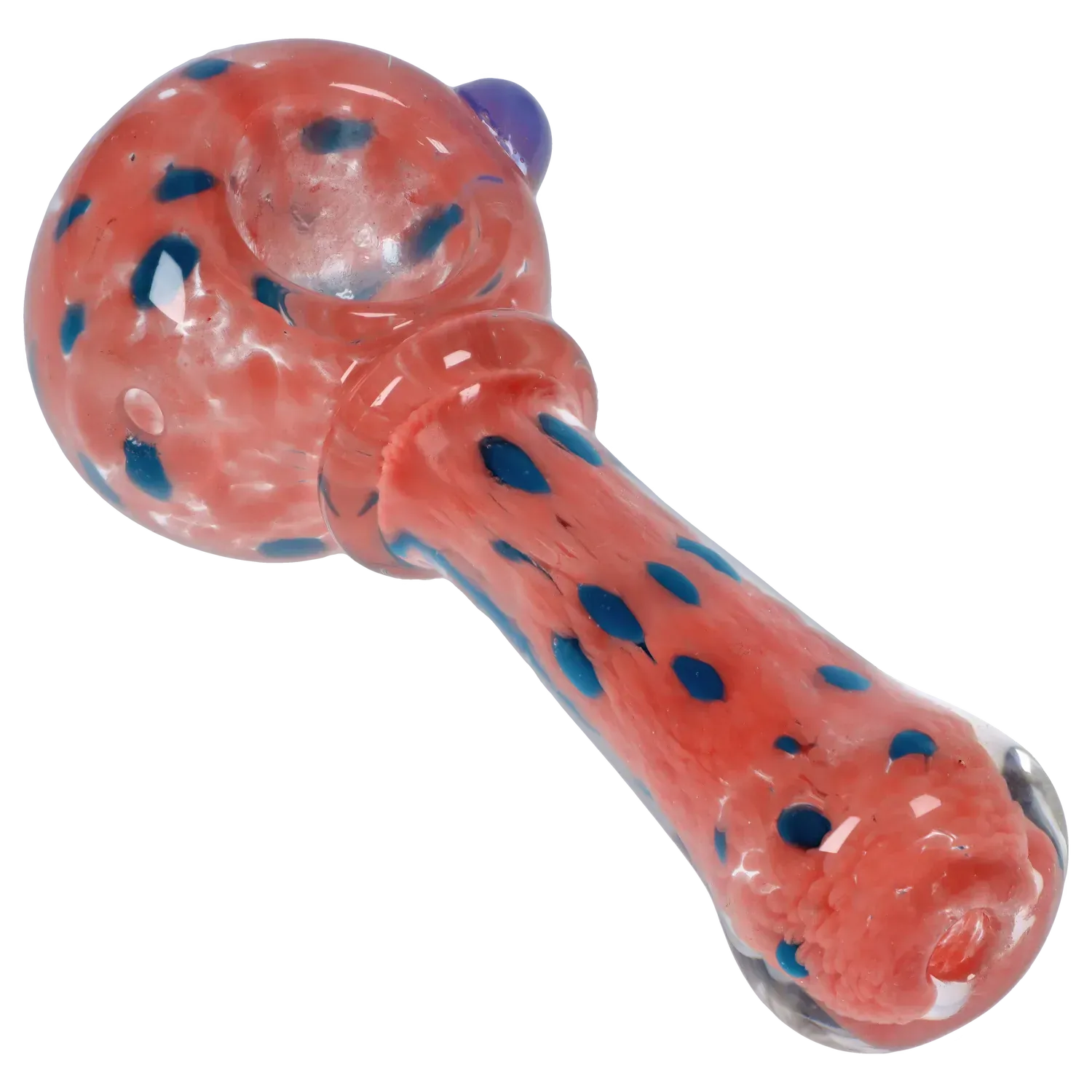 Angled close-up of the DHC Frit with Twisted Mouthpiece Spoon Pipe - 4 in., showing a milky pink glass body with blue speckled dots.