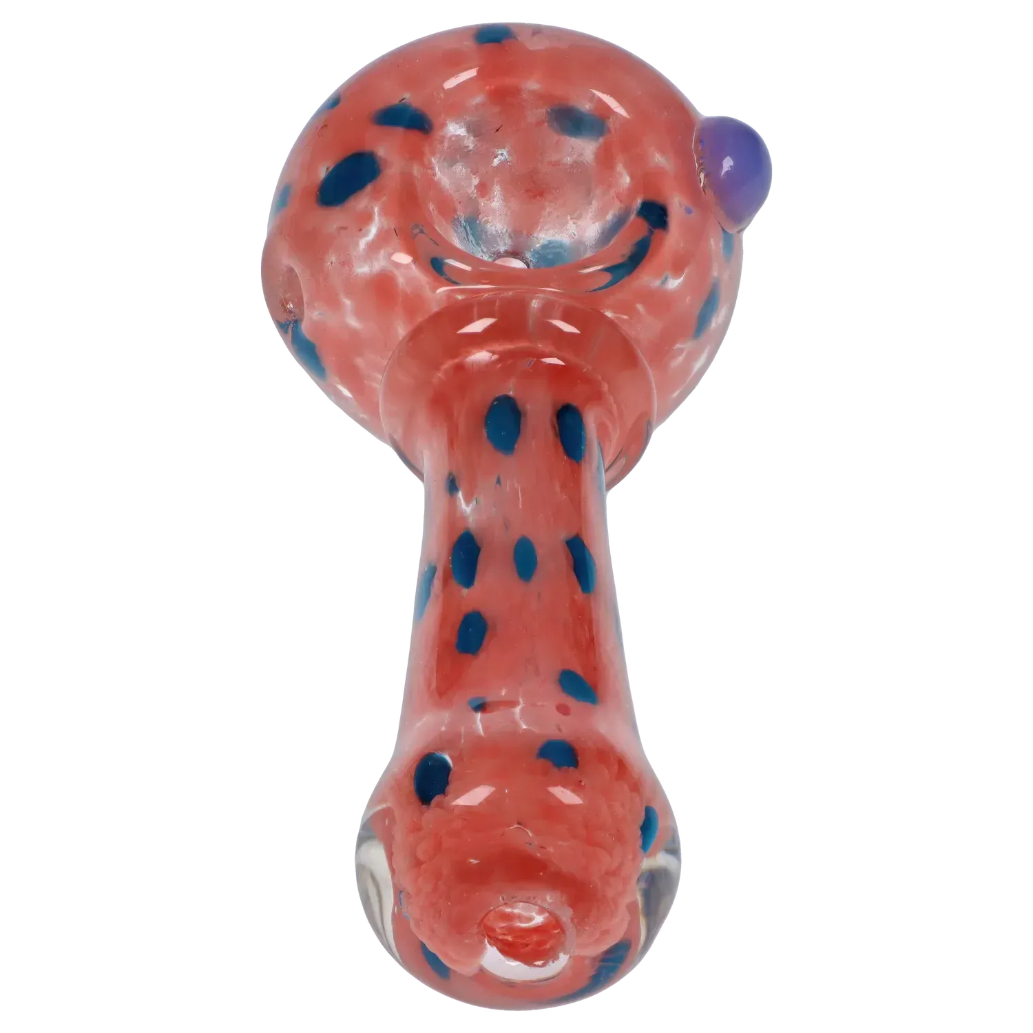Top-down view of the DHC Frit with Twisted Mouthpiece Spoon Pipe - 4 in., showing a glossy pink glass body with blue spots and a purple carb.