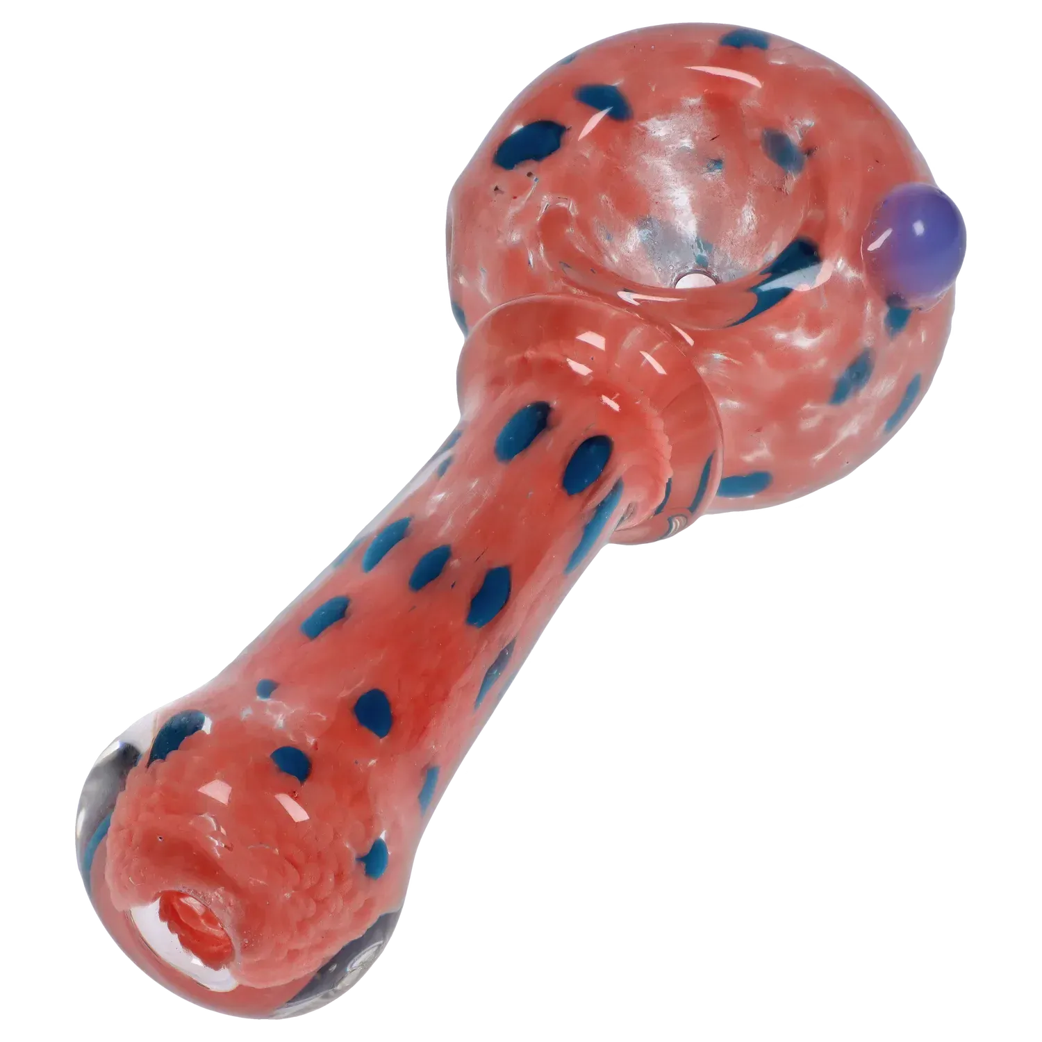 Angled close-up of the DHC Frit with Twisted Mouthpiece Spoon Pipe - 4 in., showing a coral glass body with blue speckles and a purple glass knob.