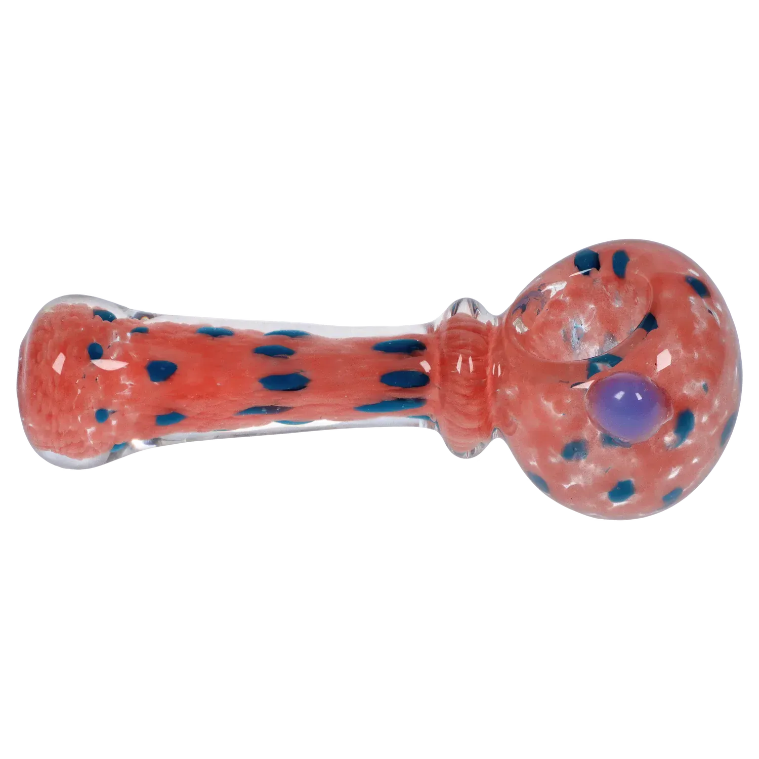 Side view of the DHC Frit with Twisted Mouthpiece Spoon Pipe - 4 in., showing a coral-colored glass body with scattered blue dots and a rounded bowl with a purple glass marble.