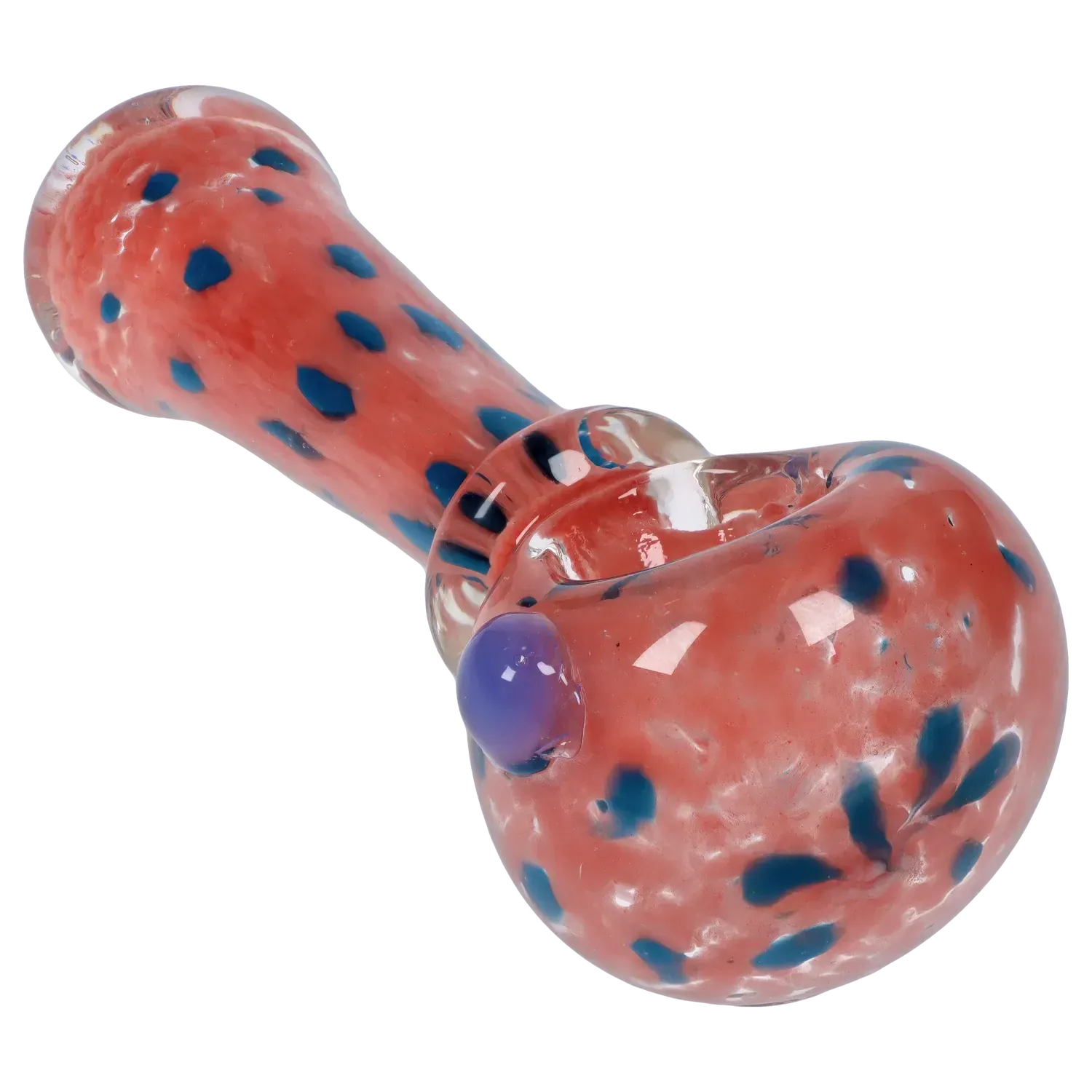 Angled close-up of the DHC Frit with Twisted Mouthpiece Spoon Pipe - 4 in., showing a coral-pink glass body with scattered blue spots and a purple carb bump.