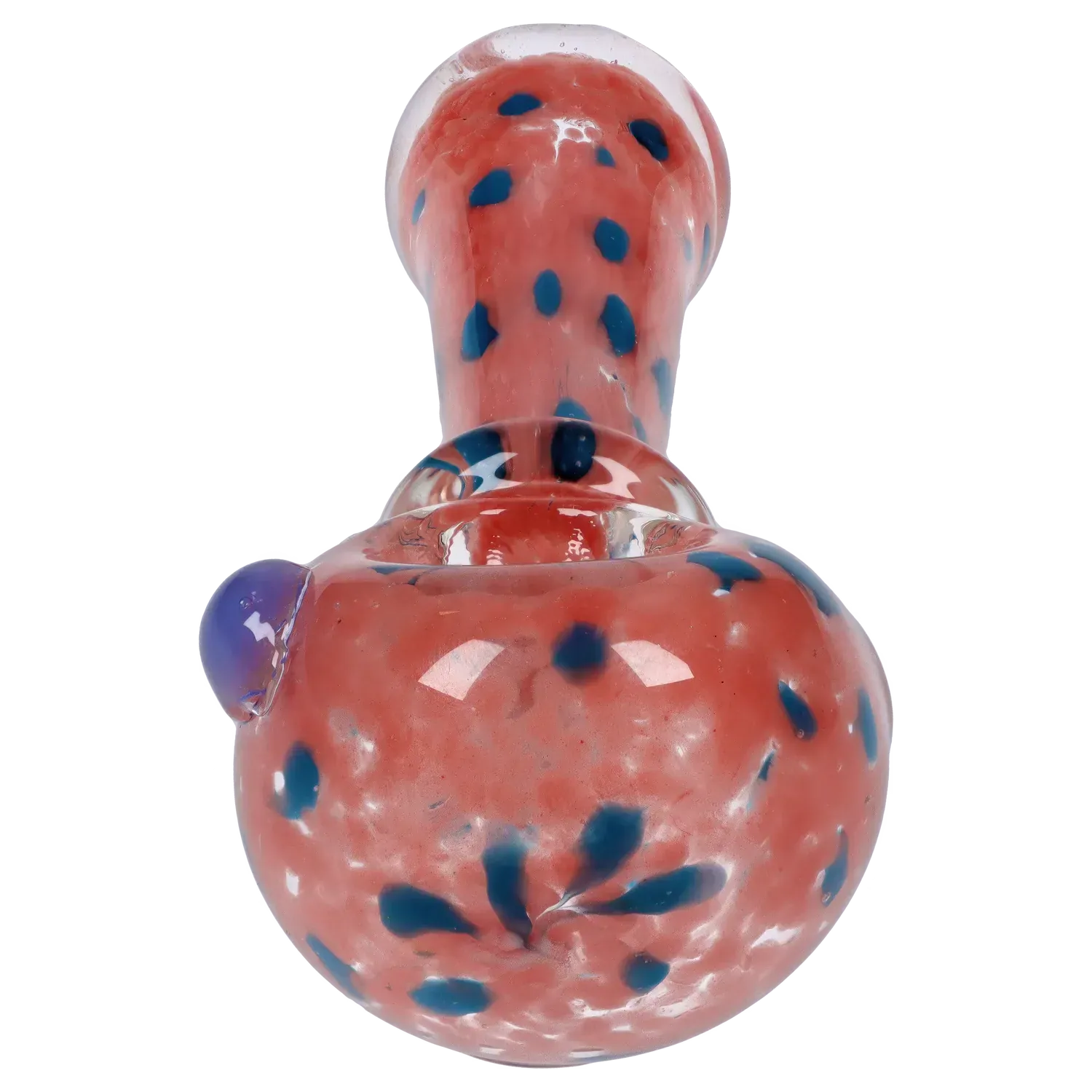 Close-up front view of the DHC Frit with Twisted Mouthpiece Spoon Pipe - 4 in., showing its pink glass body with scattered blue dots and a rounded bowl.