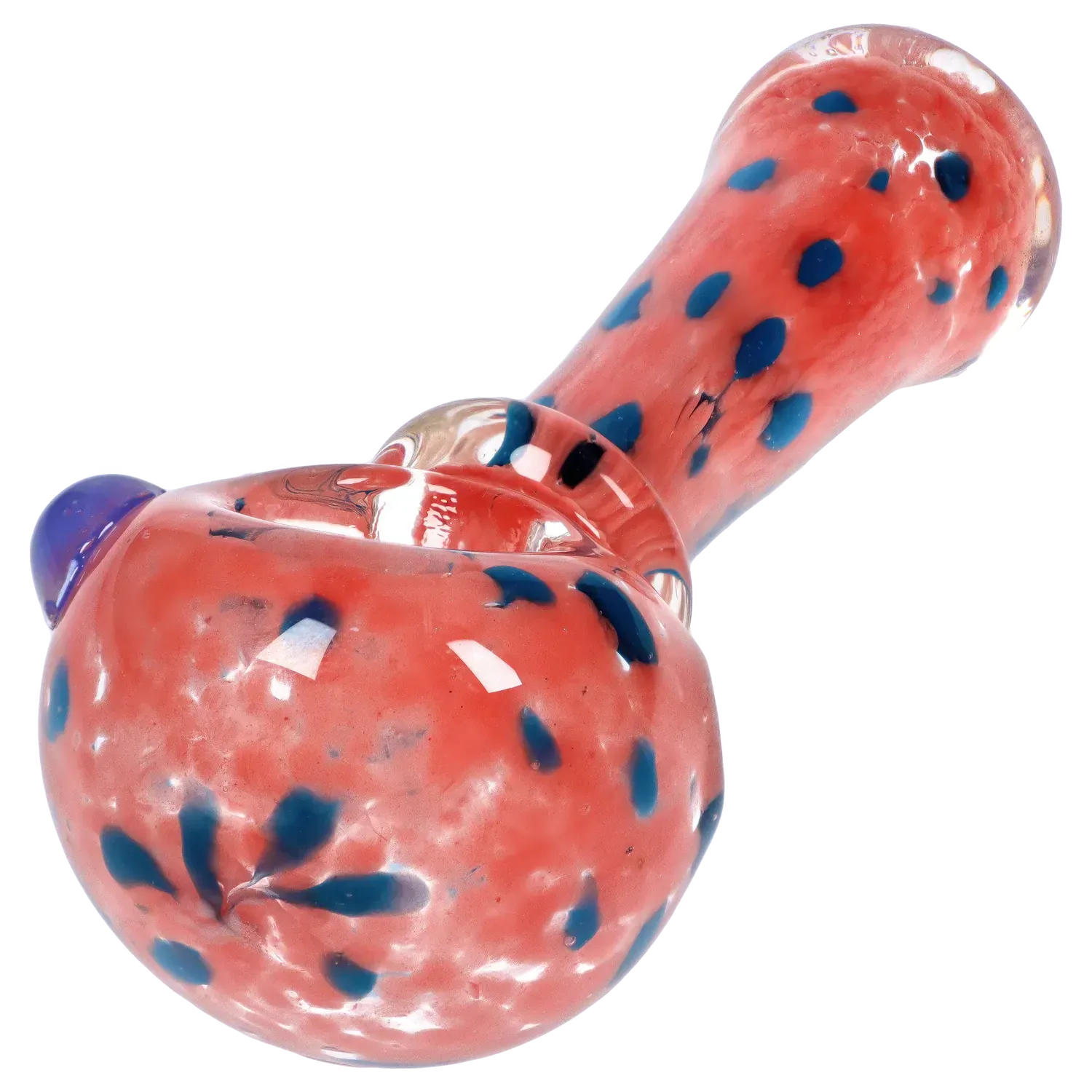 Close-up angled view of the DHC Frit with Twisted Mouthpiece Spoon Pipe - 4 in. showing a pinkish-red glass body with scattered blue spots and glossy highlights.