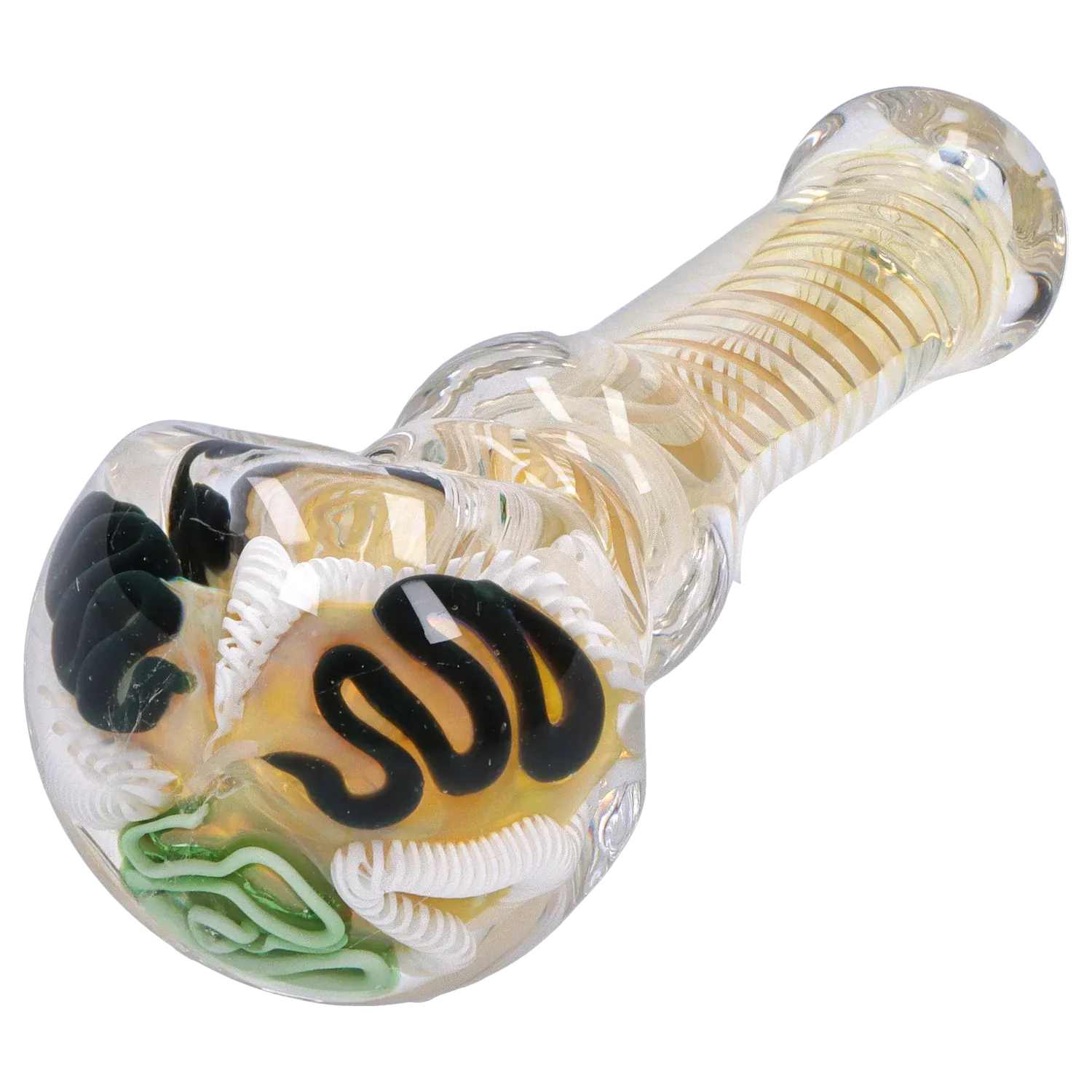 Angled close-up of the DHC Twisting Art Spoon Pipe - 3.5 in. showing clear glass with gold swirls and black and green decorative coils.