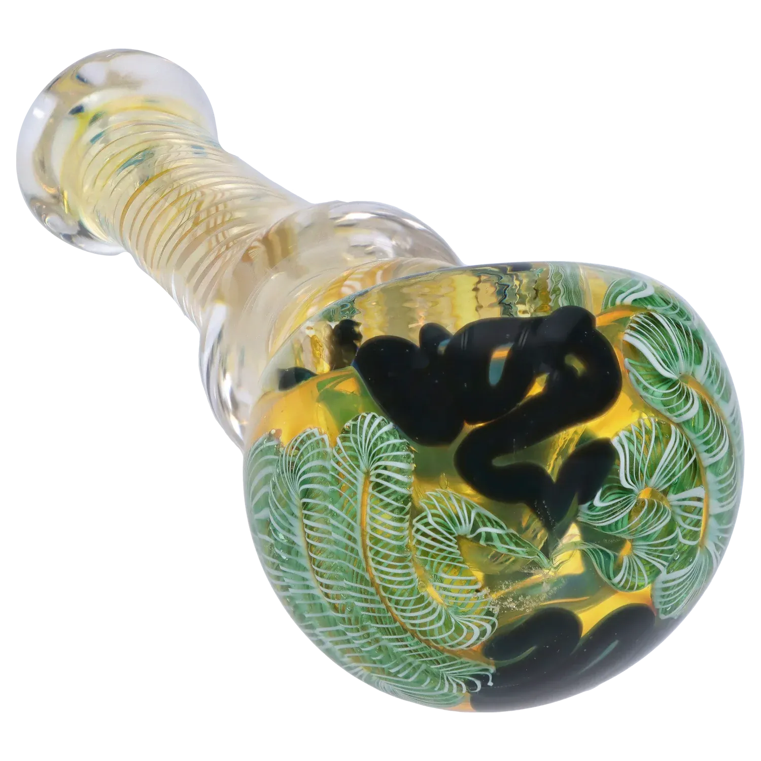 Close-up angled view of the DHC Twisting Art Spoon Pipe - 3.5 in. showing its rounded bowl with green feathered cane patterns and black swirls inside clear yellow-tinted glass