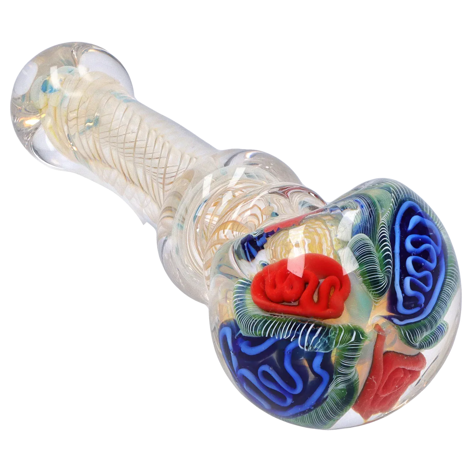 Angled close-up of the DHC Twisting Art Spoon Pipe - 3.5 in., showing its clear glass body and multicolored swirled bowl details