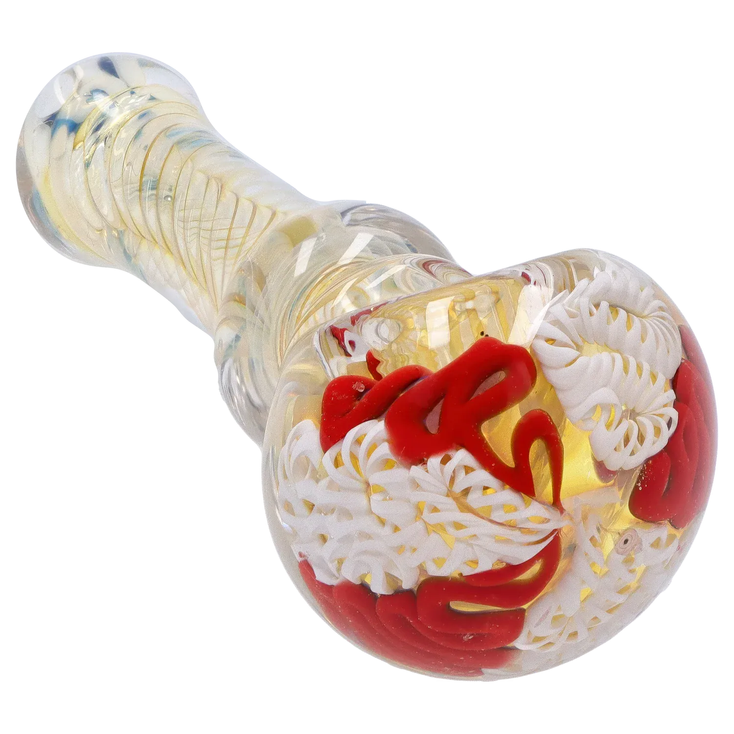 Angled close-up of the DHC Twisting Art Spoon Pipe - 3.5 in. showing its rounded bowl with red and white swirls inside clear twisted glass.