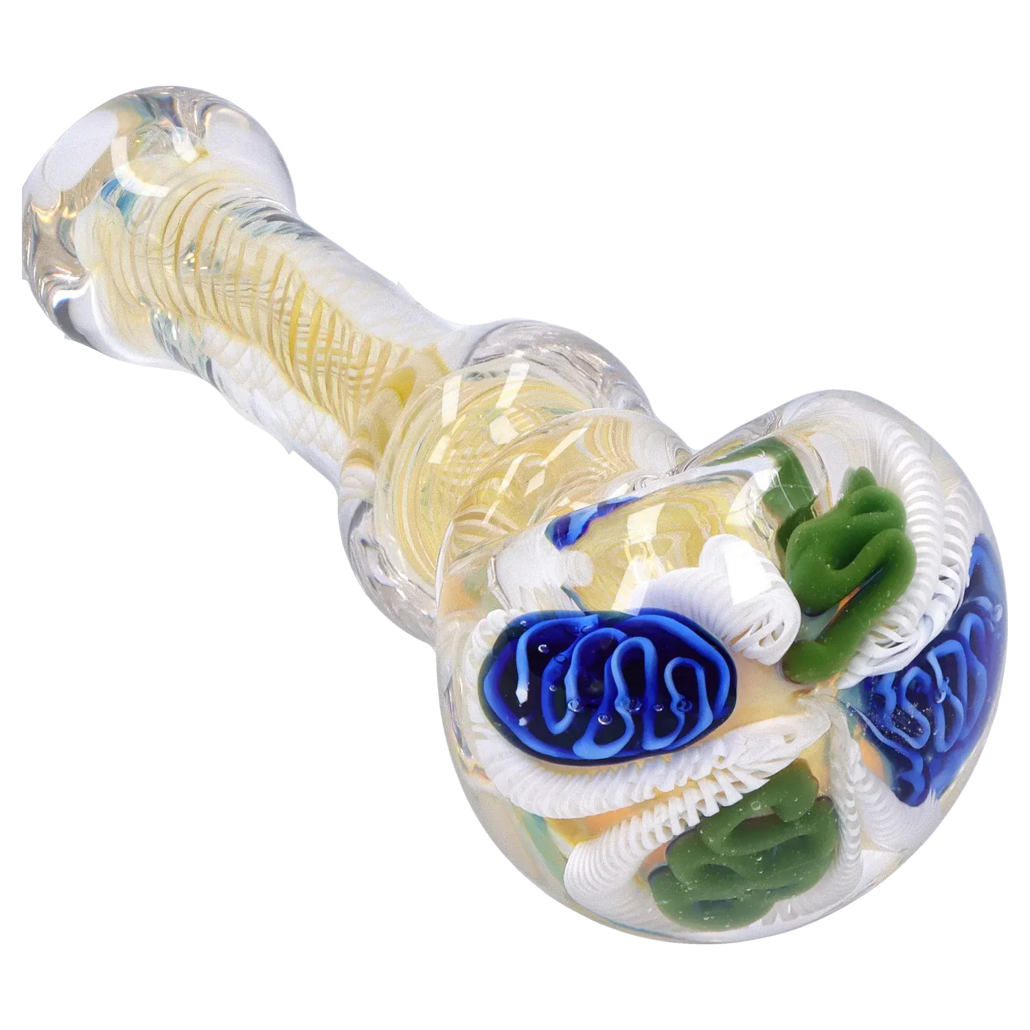 Angled close-up of the clear glass DHC Twisting Art Spoon Pipe - 3.5 in. showing swirled yellow internals and blue and green floral-like accents.