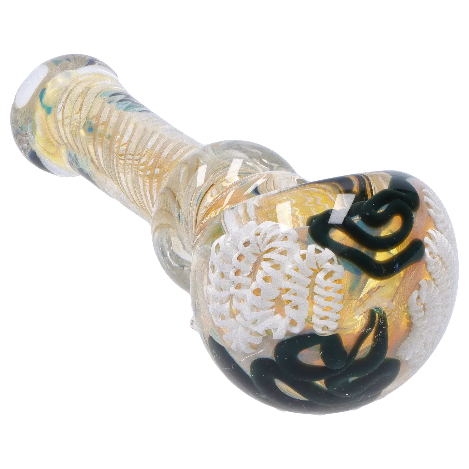Close angled view of the DHC Twisting Art Spoon Pipe - 3.5 in. showing its rounded bowl with white and dark swirled glass details.