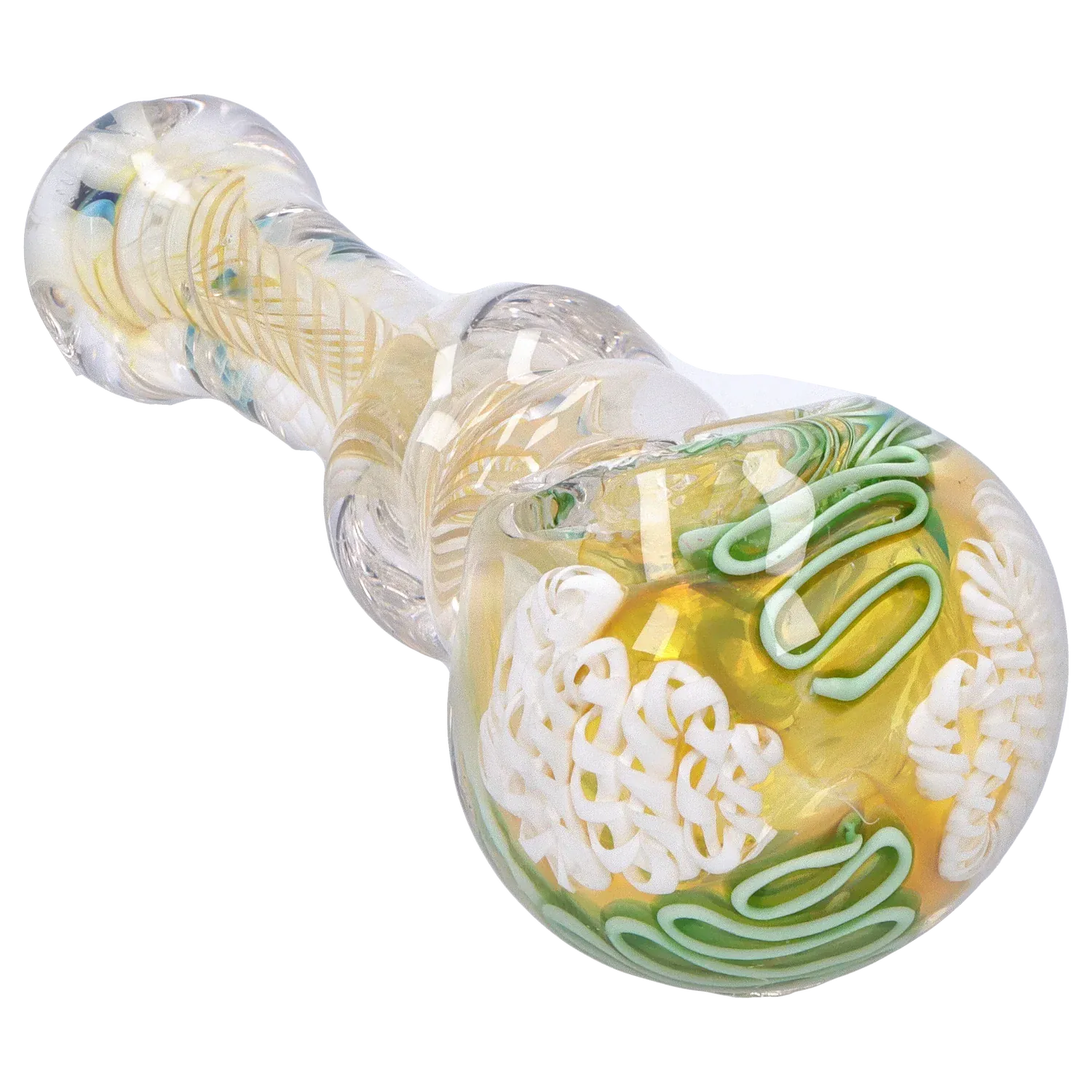 Angled close-up of the DHC Twisting Art Spoon Pipe - 3.5 in. showing its rounded bowl with yellow, white and green swirled glass details.