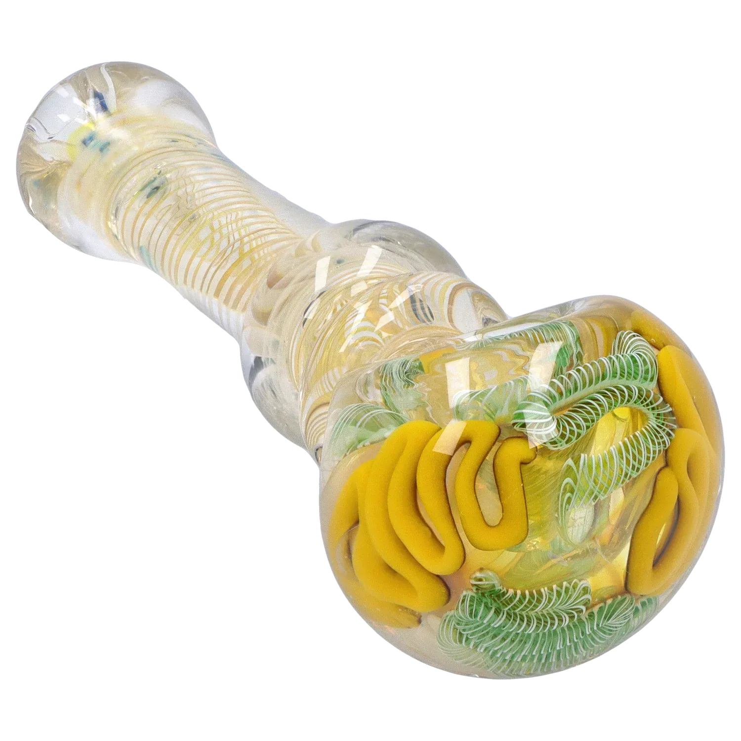 Close-up angled shot of the DHC Twisting Art Spoon Pipe - 3.5 in., showing its clear glass body with yellow raised swirls and green filigree under bright studio lighting