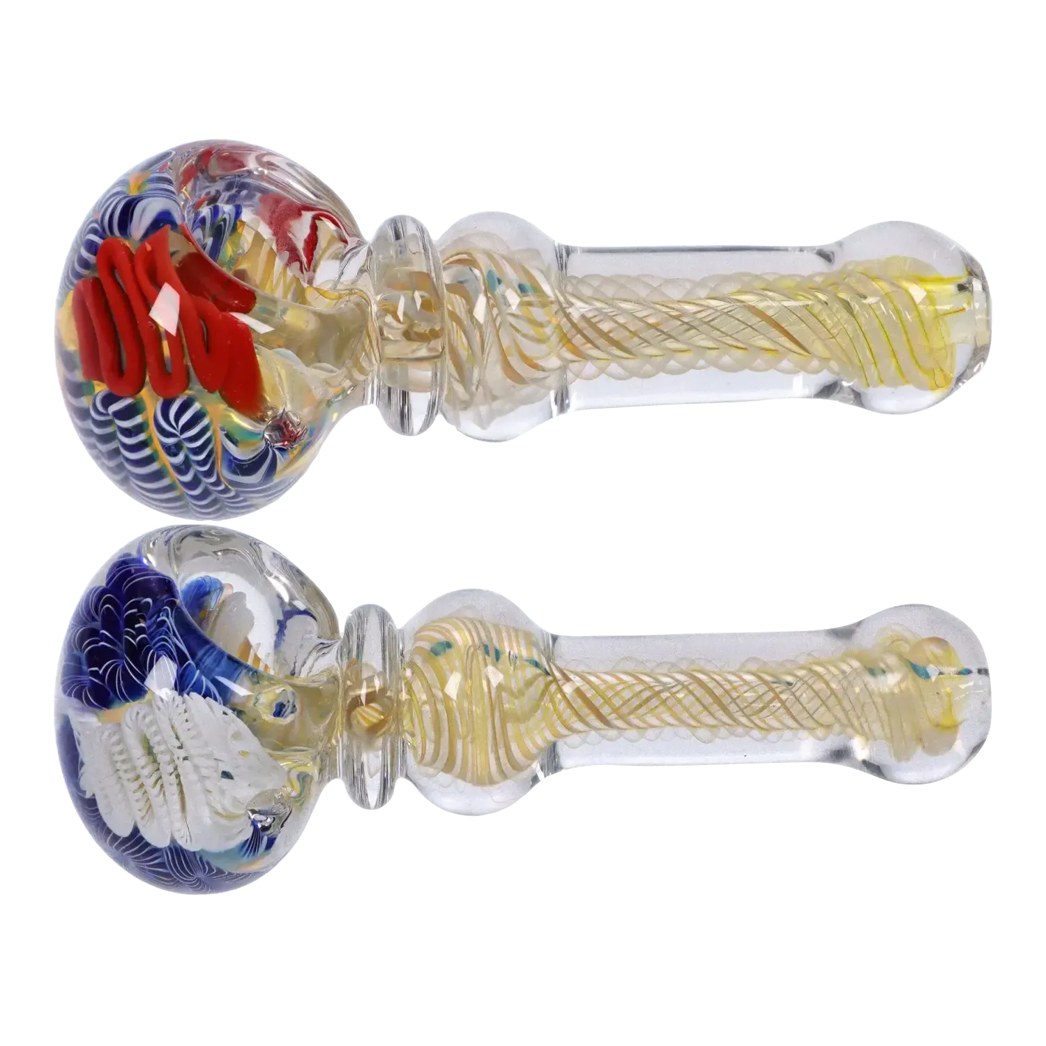 Side view of the DHC Twisting Art Spoon Pipe - 3.5 in. showing its clear glass stem with yellow spiral cane and a colorful, swirled bowl reflected beneath.